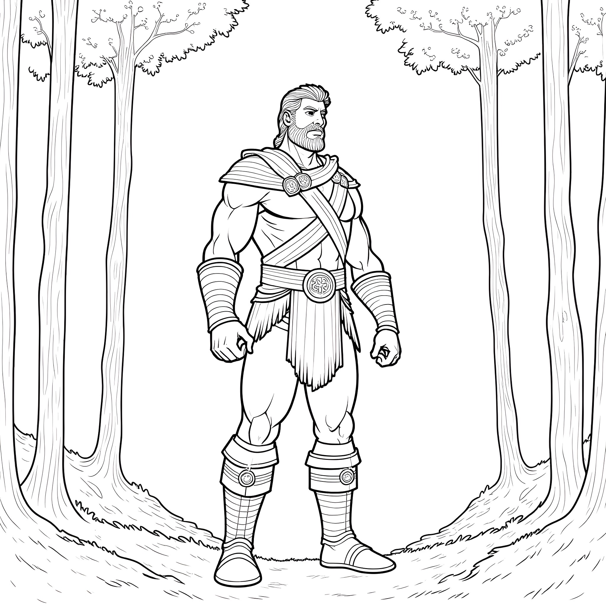 Warrior hero standing resolute in the forest Coloring Page (free black-and-white line drawing printable PDF for all, from beginners to advanced learners, including children, teens, adults, and seniors)