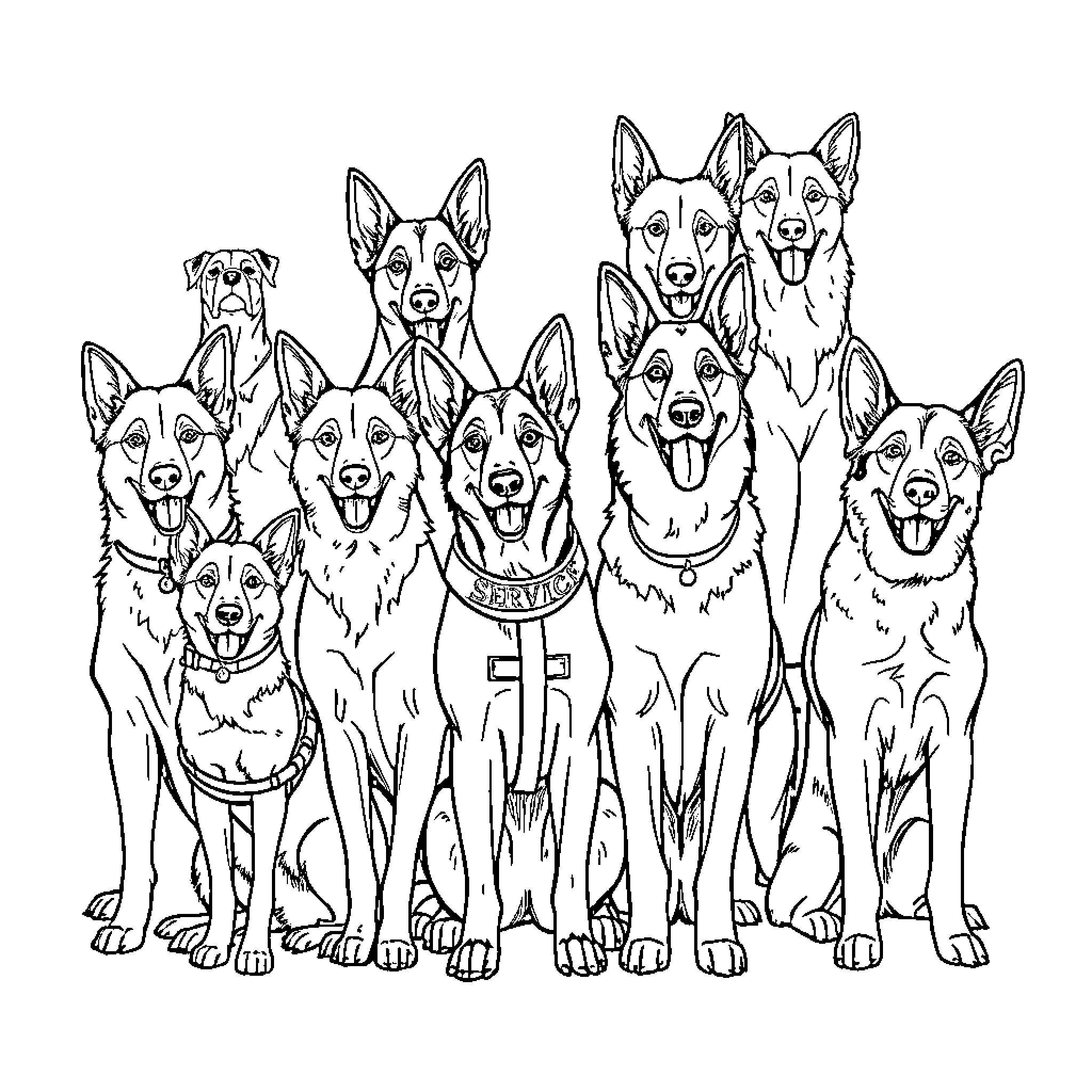 Service Dogs in Training Assisting Together Coloring Page (free black-and-white line drawing printable PDF for all, from beginners to advanced learners, including children, teens, adults, and seniors)