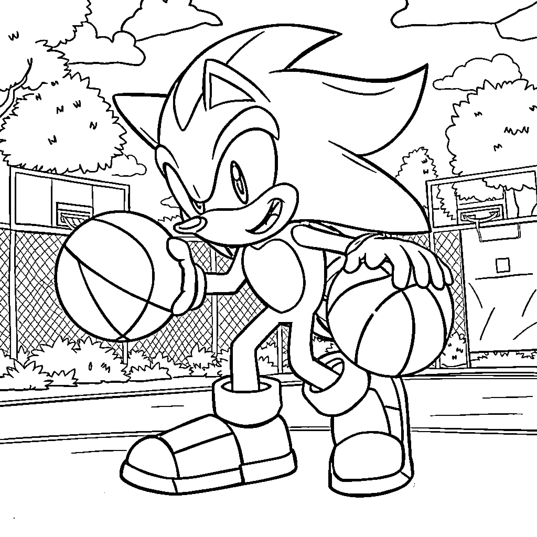 Sonic playing basketball on the court Coloring Page (free black-and-white line drawing printable PDF for all, from beginners to advanced learners, including children, teens, adults, and seniors)