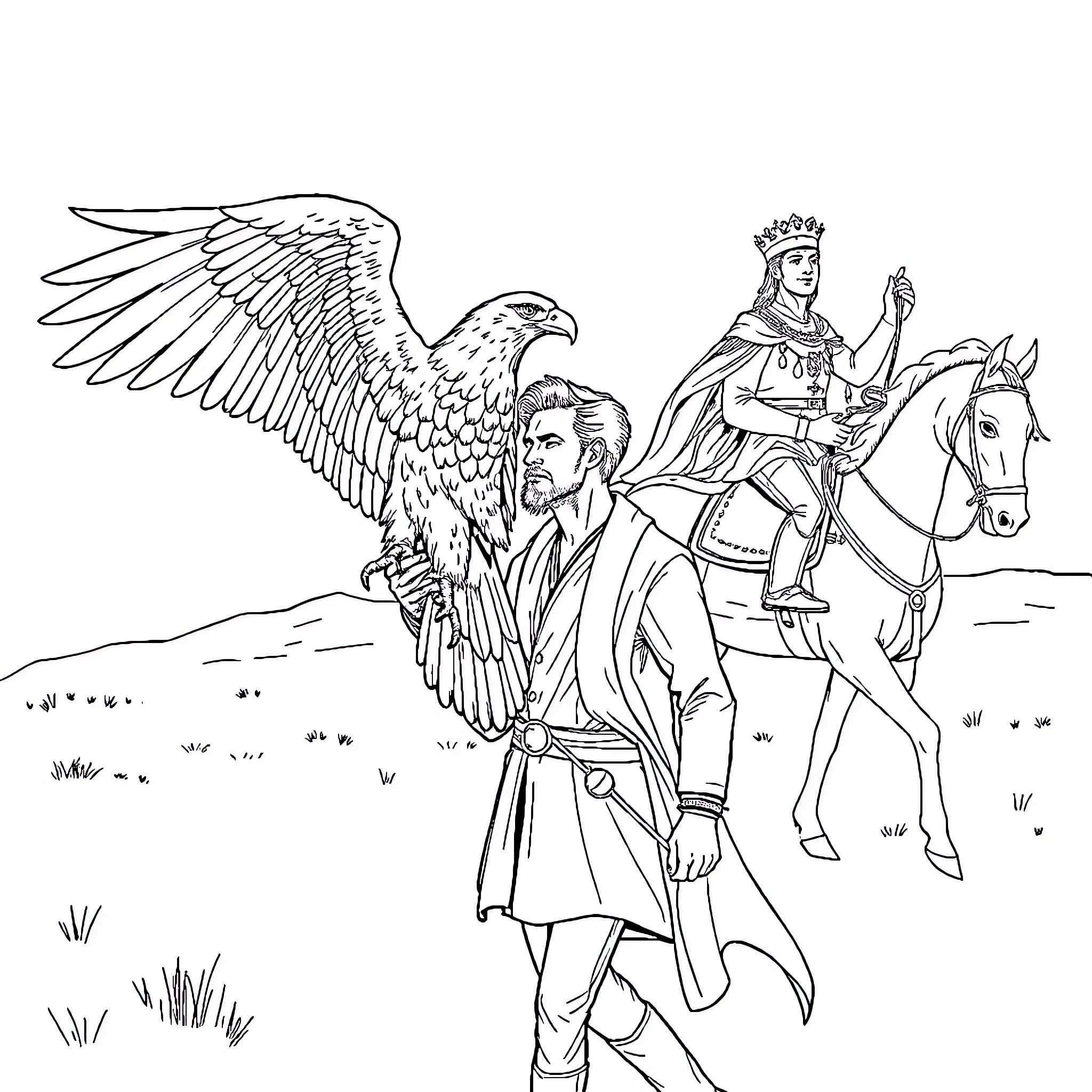 Man with eagle companion rides horseback alongside royalty Coloring Page (free black-and-white line drawing printable PDF for all, from beginners to advanced learners, including children, teens, adults, and seniors)