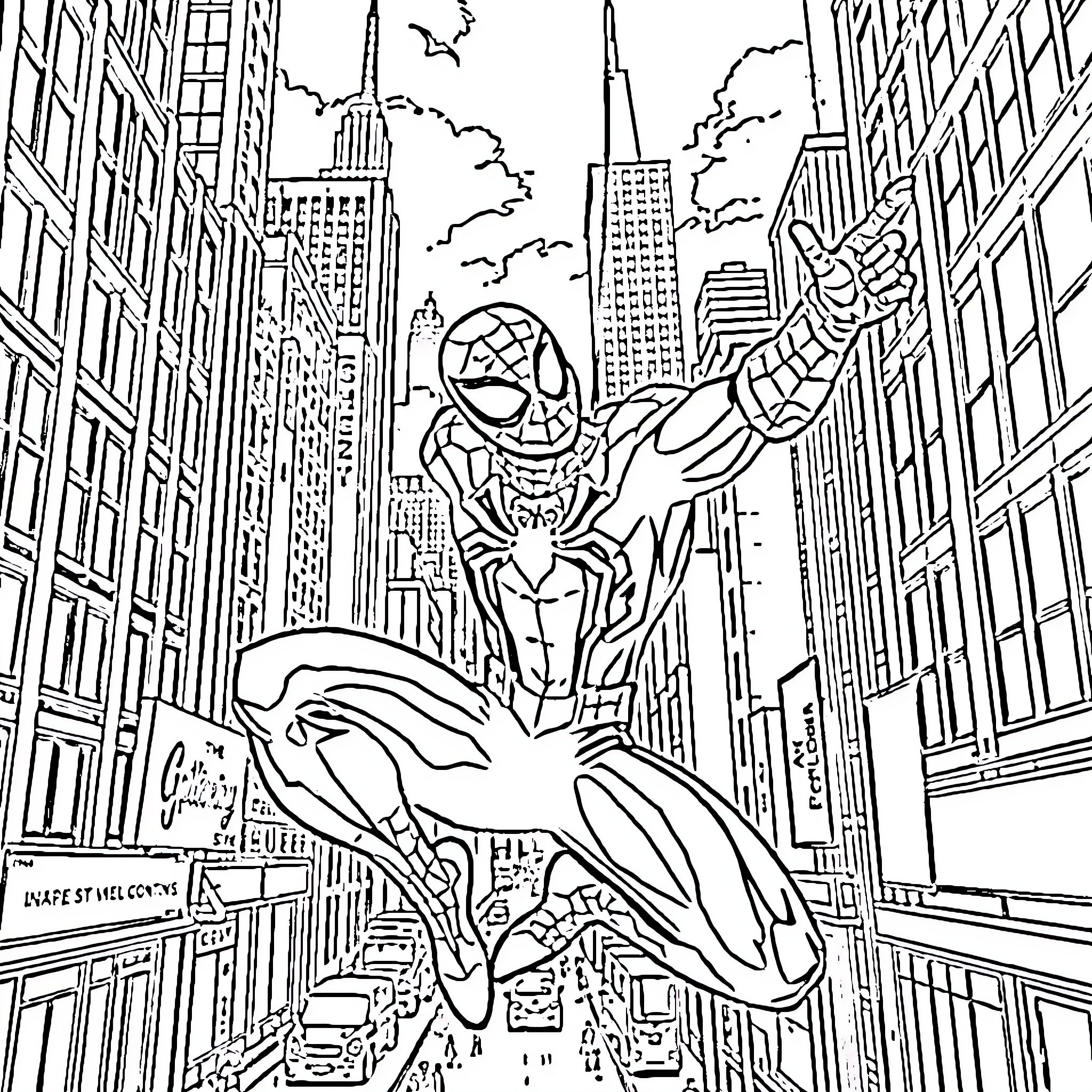 Spiderman swinging through the busy city streets Coloring Page (free black-and-white line drawing printable PDF for all, from beginners to advanced learners, including children, teens, adults, and seniors)