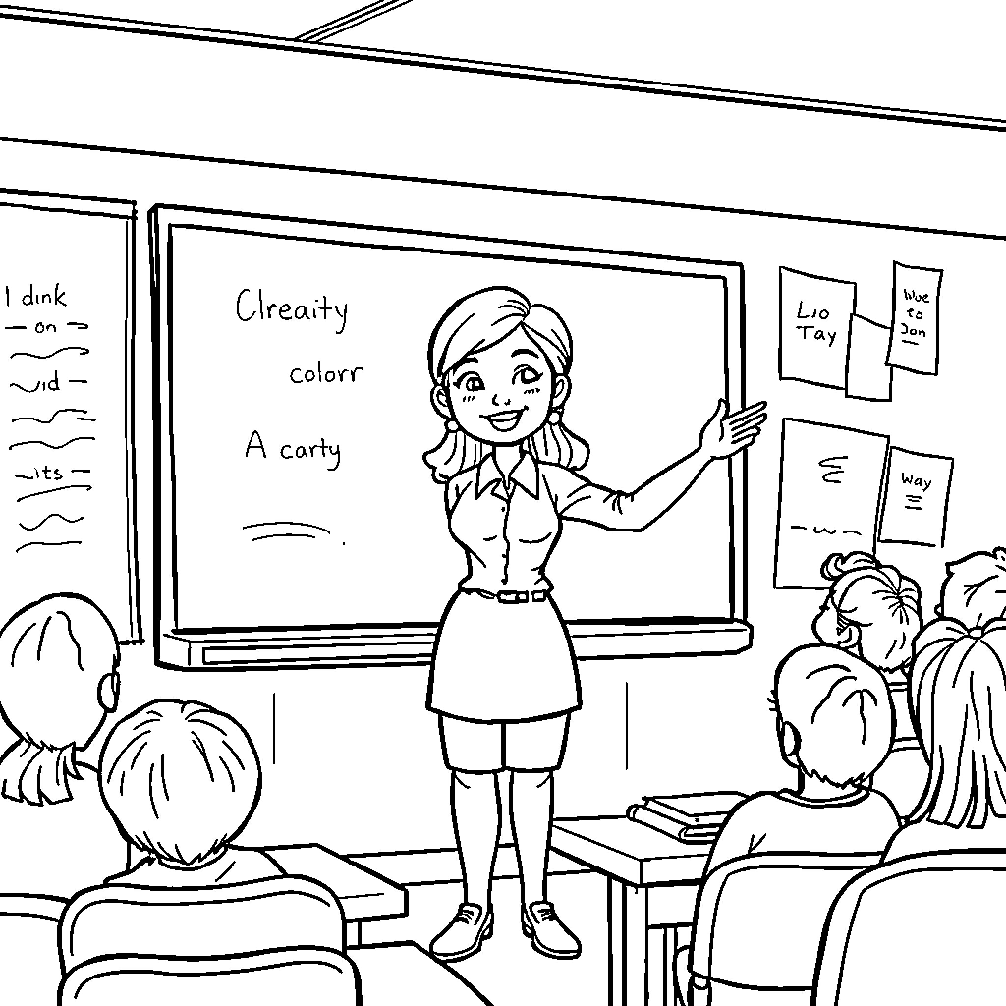 Teacher explaining lesson to attentive students in classroom Coloring Page (free black-and-white line drawing printable PDF for all, from beginners to advanced learners, including children, teens, adults, and seniors)