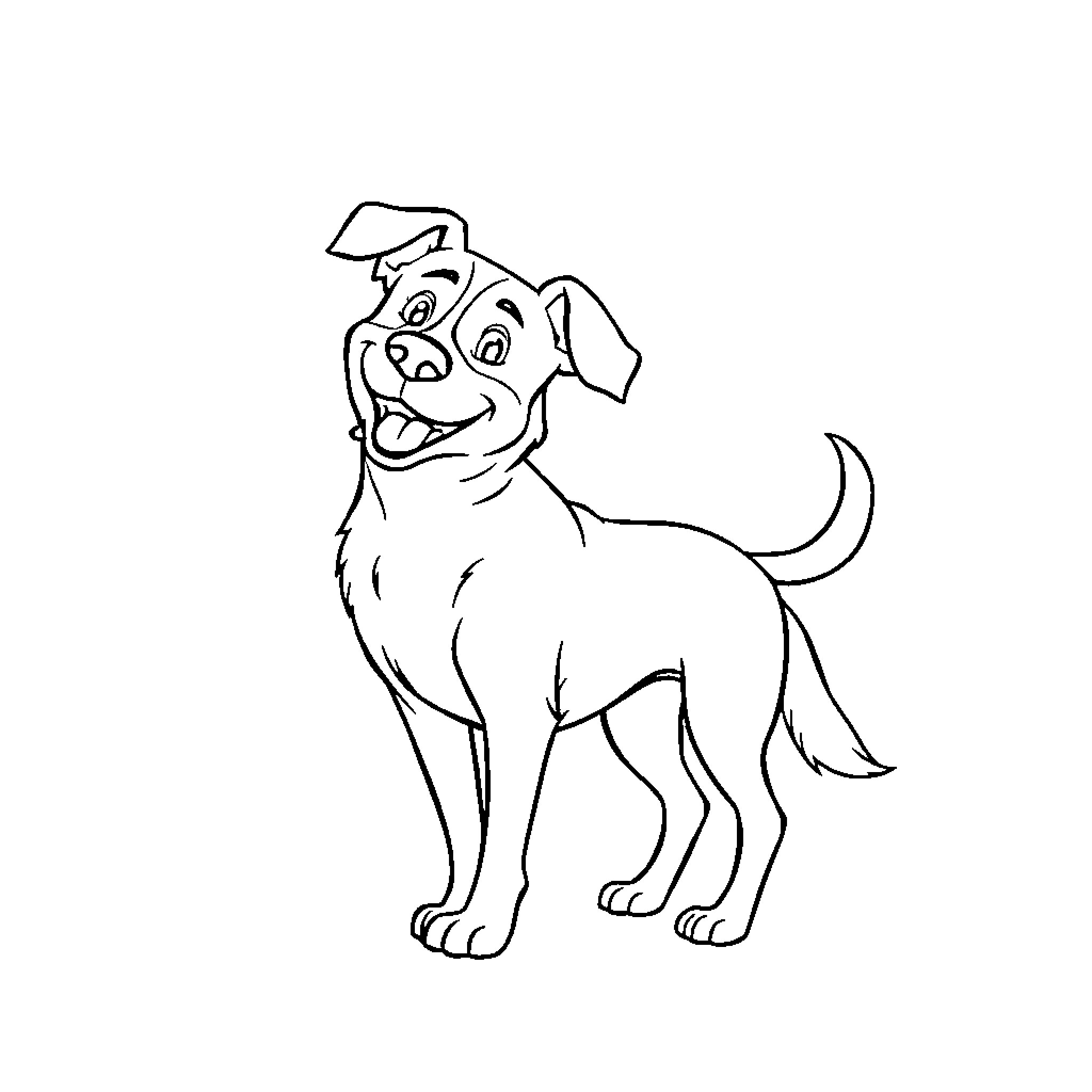 Dog standing happily with a wagging tail Coloring Page (free black-and-white line drawing printable PDF for all, from beginners to advanced learners, including children, teens, adults, and seniors)