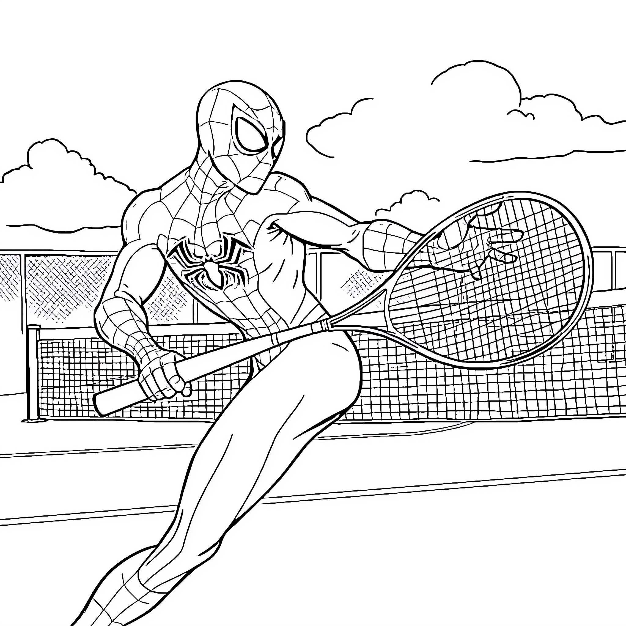 Spidey playing tennis on the court Coloring Page (free black-and-white line drawing printable PDF for all, from beginners to advanced learners, including children, teens, adults, and seniors)