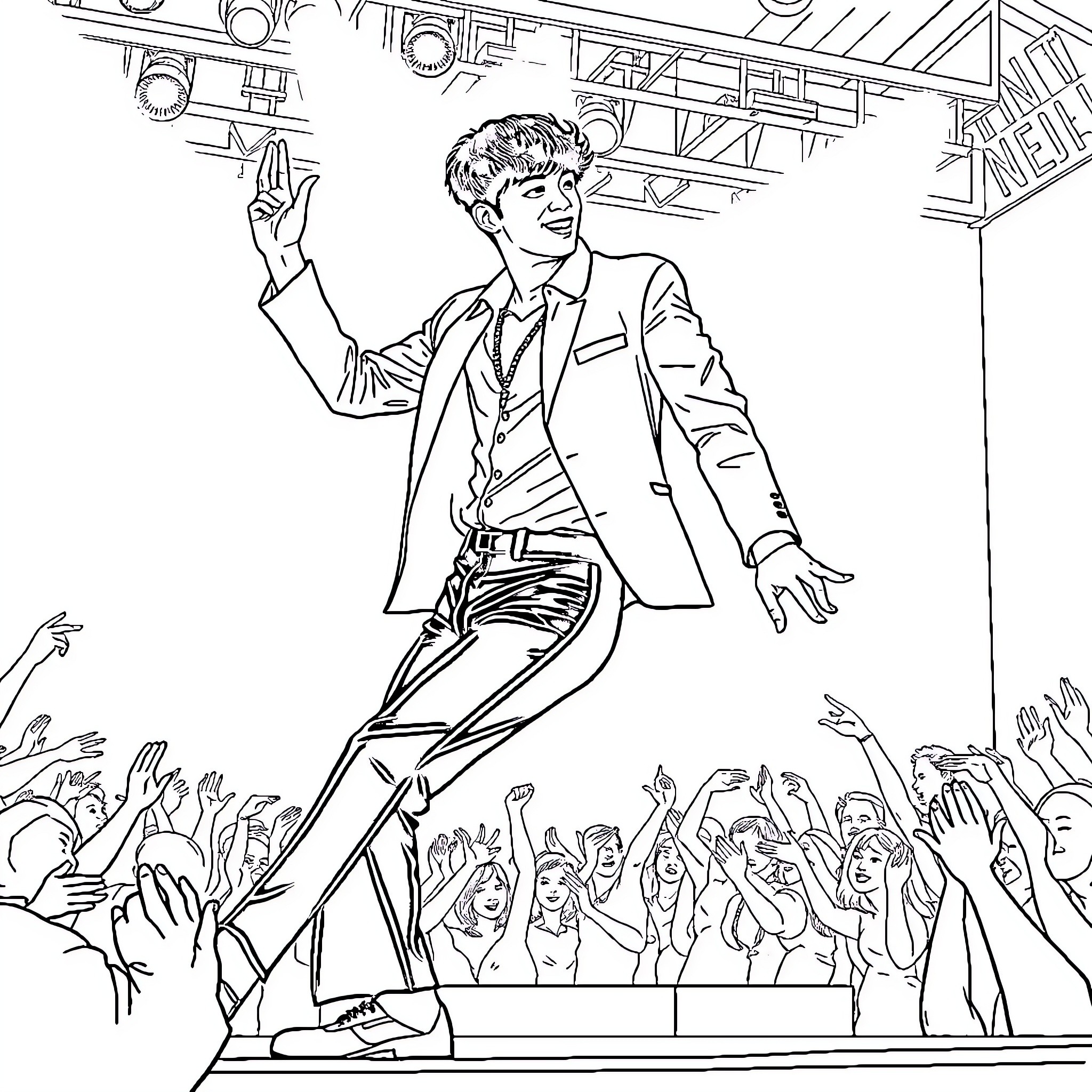 Jung Kook Performing Energetically on Stage Coloring Page (free black-and-white line drawing printable PDF for all, from beginners to advanced learners, including children, teens, adults, and seniors)