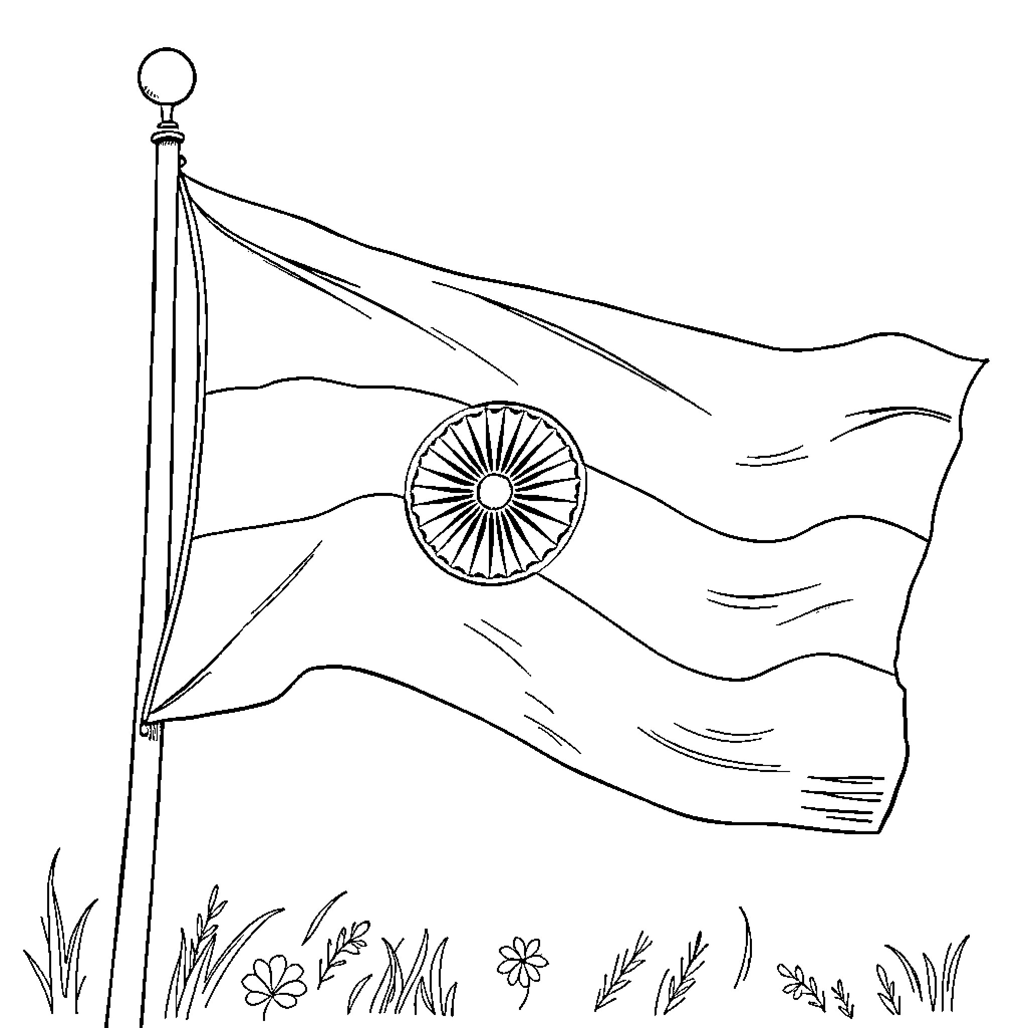 Indian Flag waving in the wind with flowers Coloring Page (free black-and-white line drawing printable PDF for all, from beginners to advanced learners, including children, teens, adults, and seniors)
