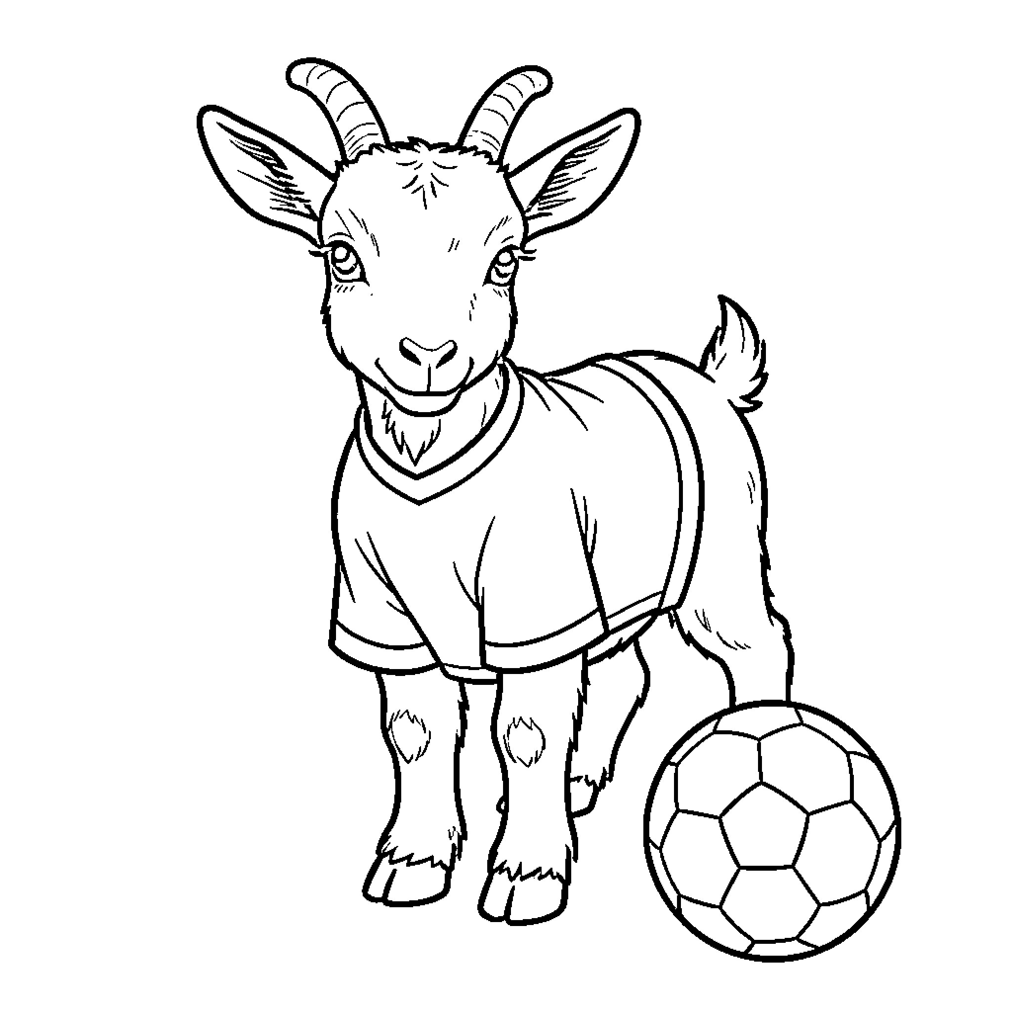 Goat wearing a shirt standing next to a soccer ball Coloring Page (free black-and-white line drawing printable PDF for all, from beginners to advanced learners, including children, teens, adults, and seniors)