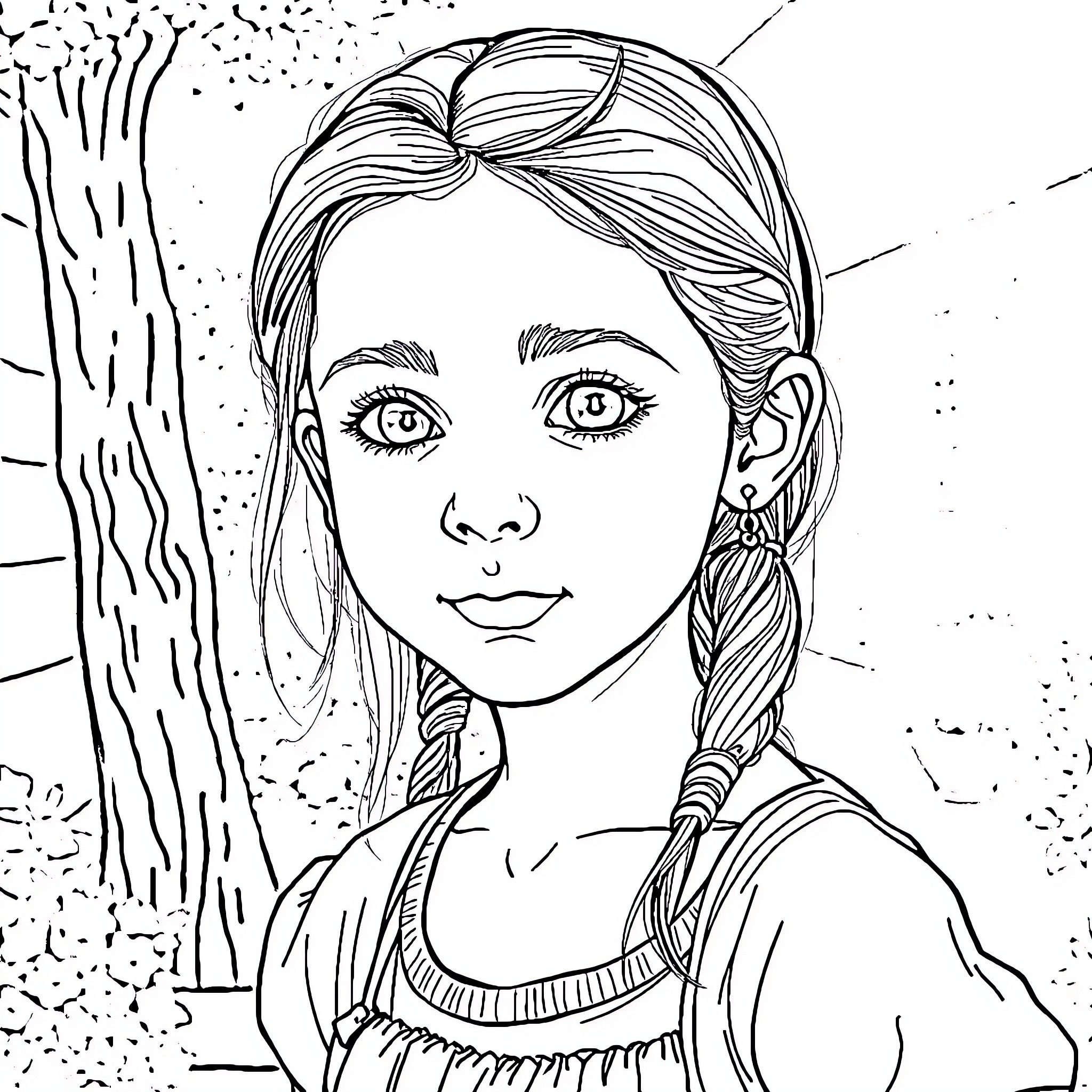 Girl with braided hair in a nature setting Coloring Page (free black-and-white line drawing printable PDF for all, from beginners to advanced learners, including children, teens, adults, and seniors)