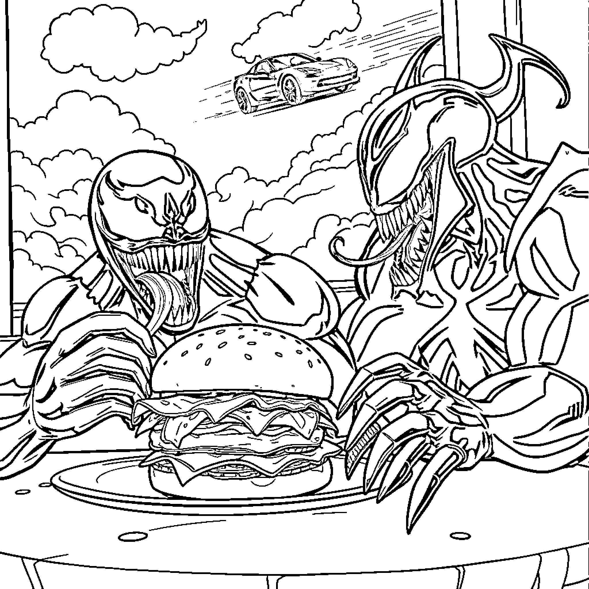 Venom Enjoying a Monstrous Burger on the Road Coloring Page (free black-and-white line drawing printable PDF for all, from beginners to advanced learners, including children, teens, adults, and seniors)
