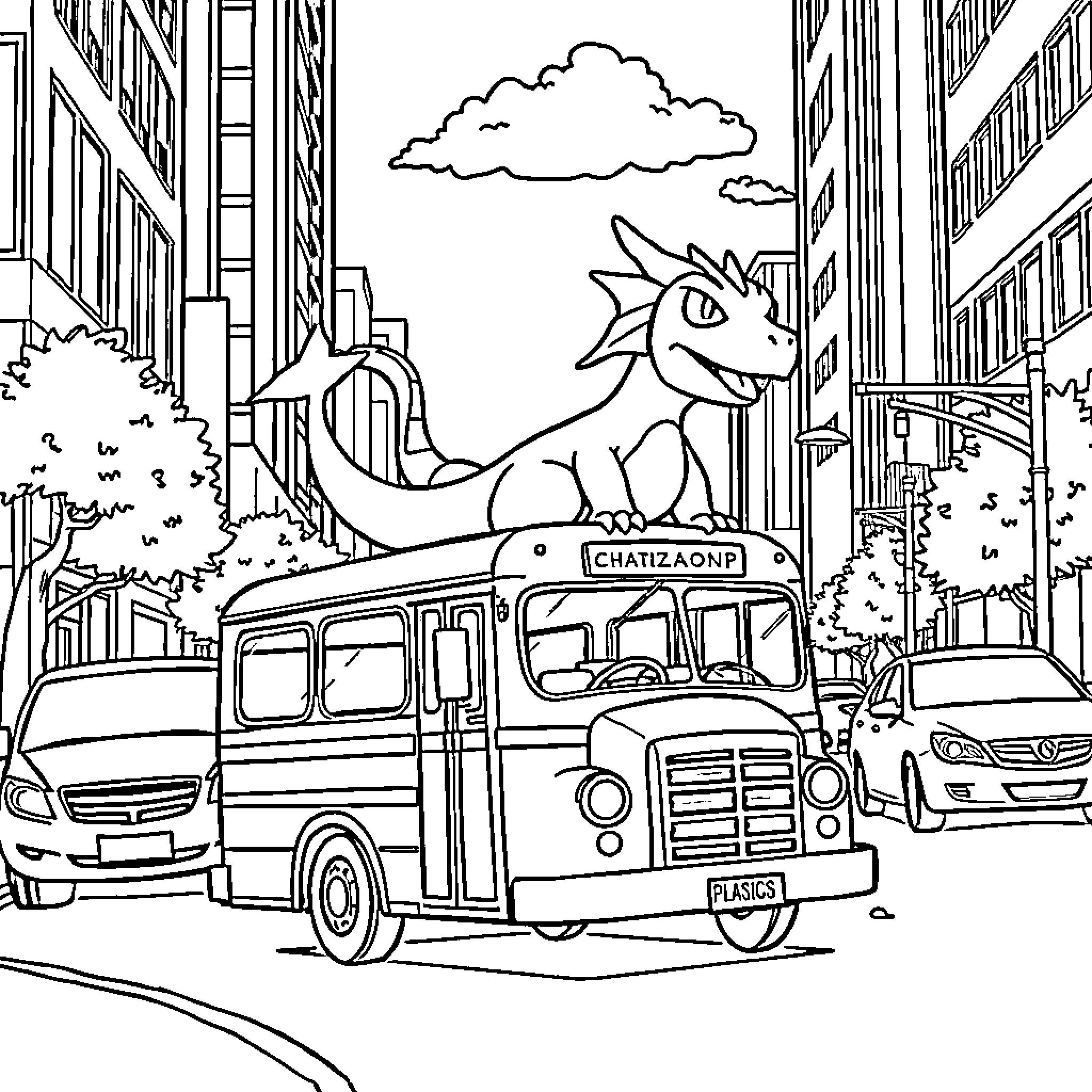 Charizard rides a bus through the city streets Coloring Page (free black-and-white line drawing printable PDF for all, from beginners to advanced learners, including children, teens, adults, and seniors)