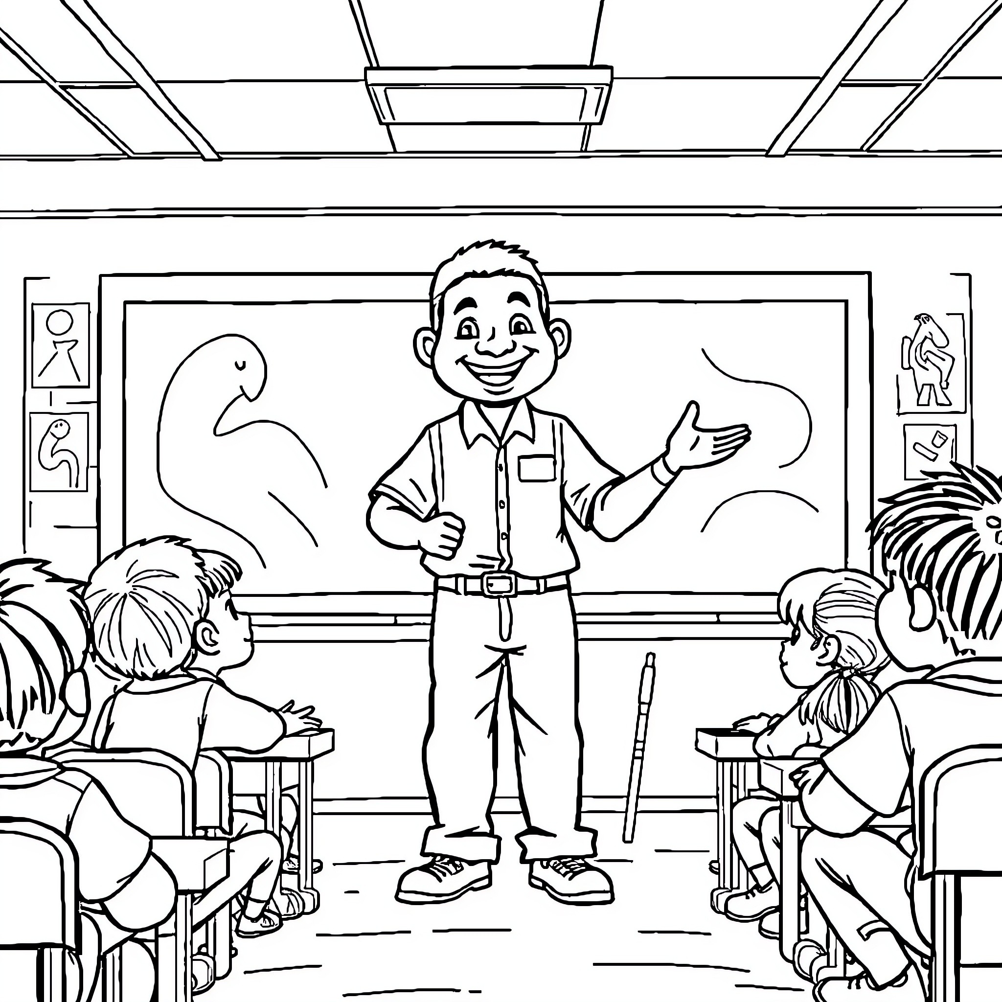 Labubu Teaches Happily in the Classroom Coloring Page (free black-and-white line drawing printable PDF for all, from beginners to advanced learners, including children, teens, adults, and seniors)