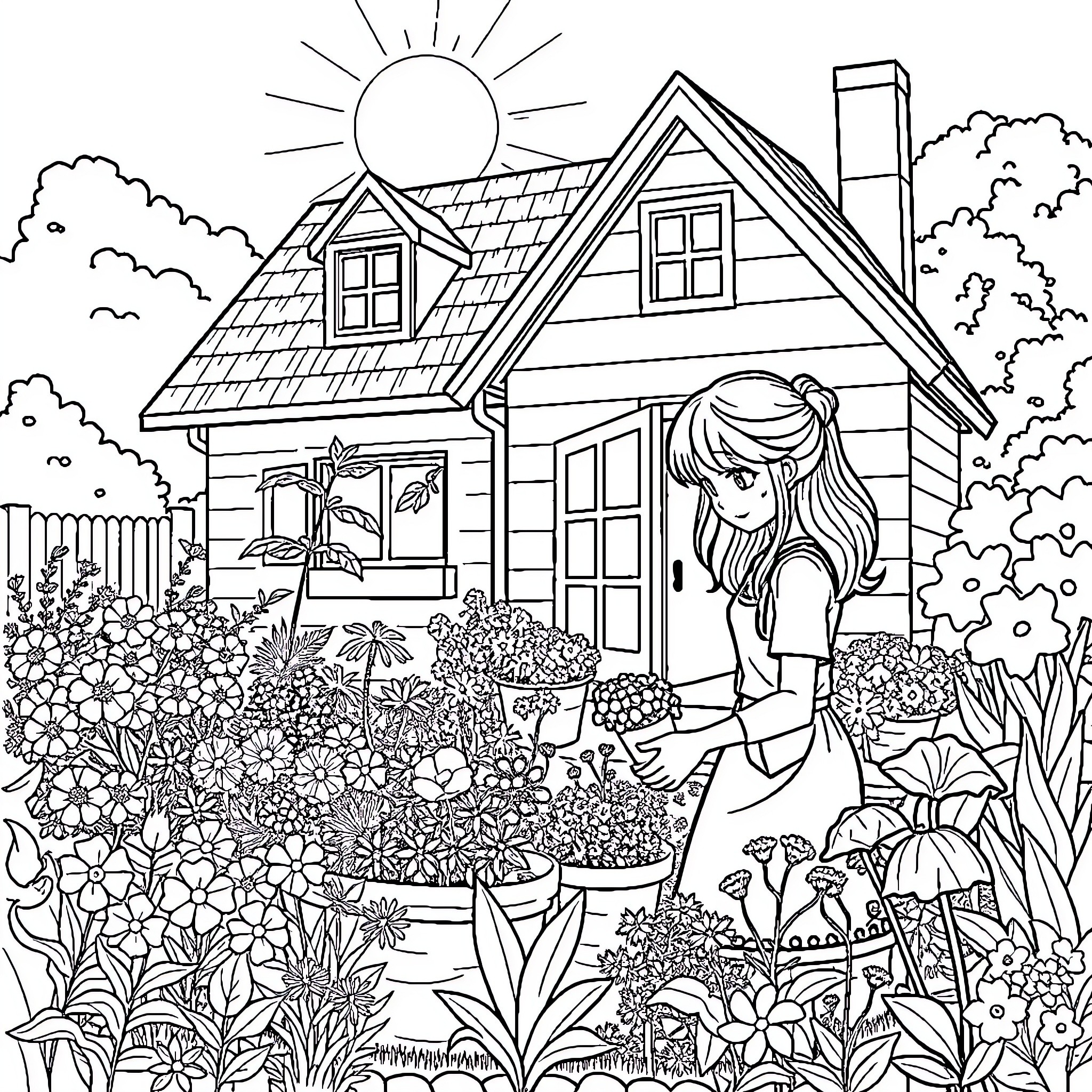 Karomi's Enchanting Garden Adventure Coloring Page (free black-and-white line drawing printable PDF for all, from beginners to advanced learners, including children, teens, adults, and seniors)