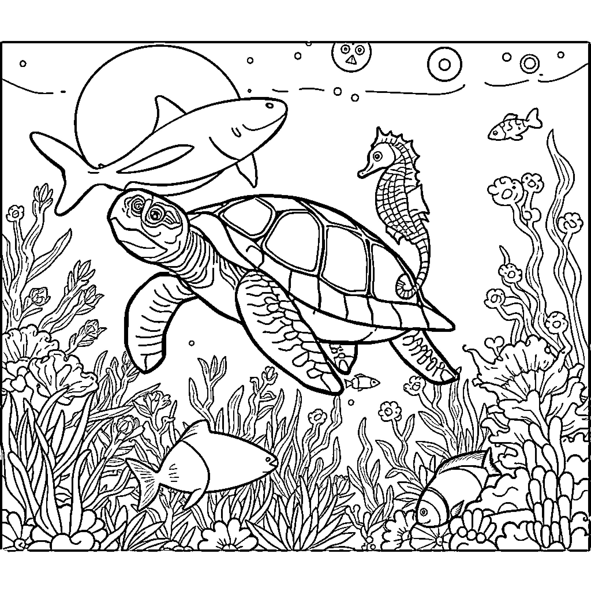 Underwater Animal Exploring the Vibrant Marine Life Coloring Page (free black-and-white line drawing printable PDF for all, from beginners to advanced learners, including children, teens, adults, and seniors)