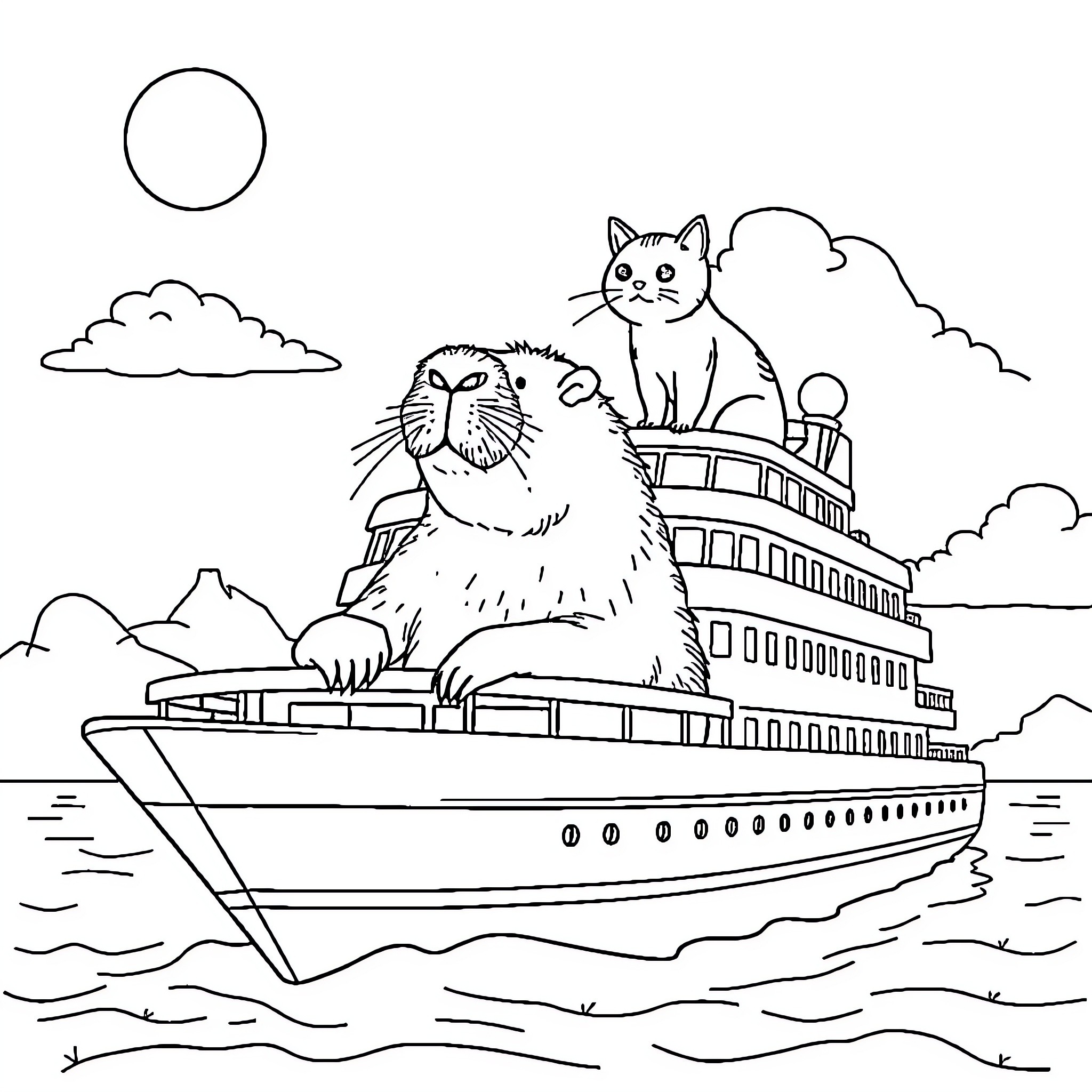 Capybara and cat enjoying a boat ride on the open sea Coloring Page (free black-and-white line drawing printable PDF for all, from beginners to advanced learners, including children, teens, adults, and seniors)