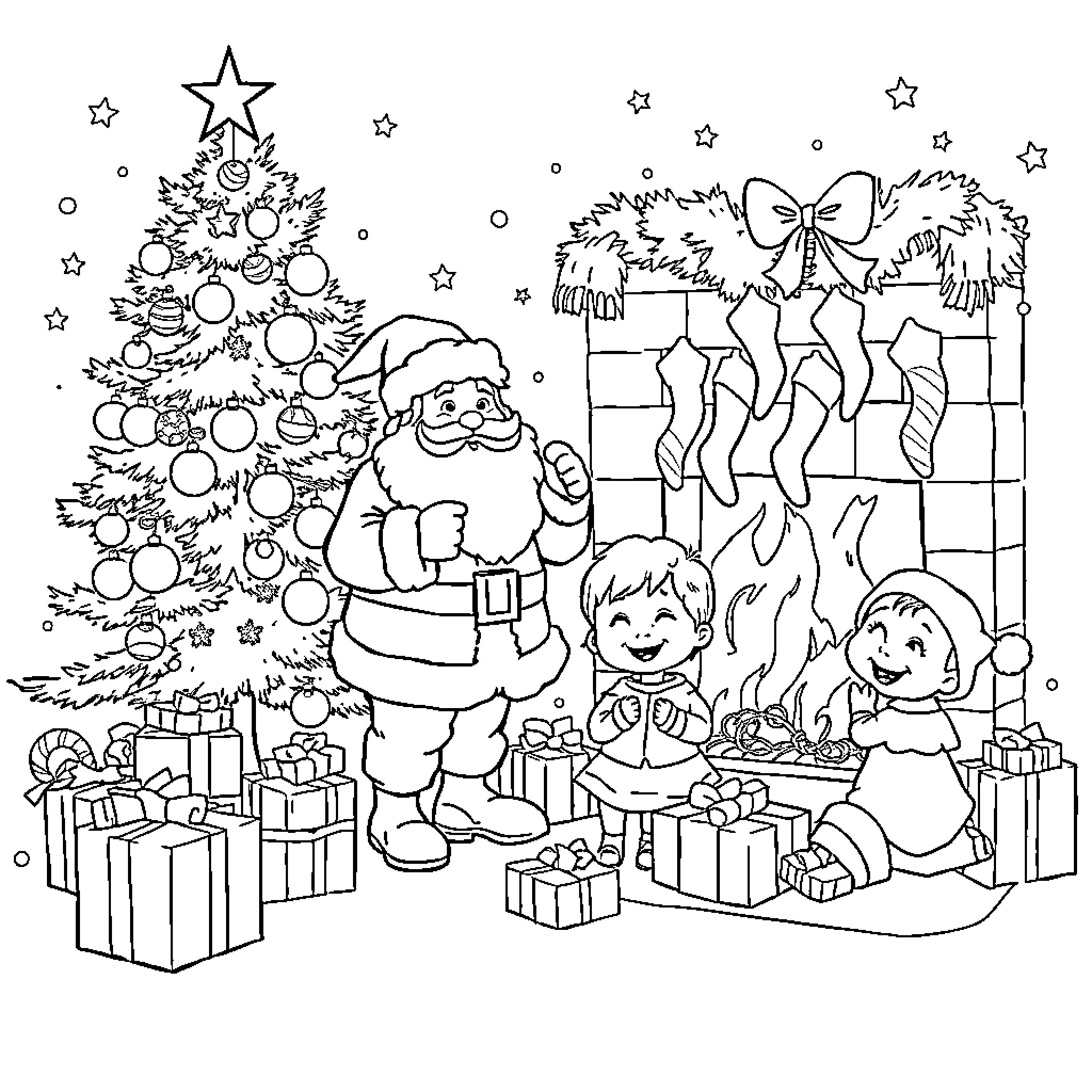 Santa Claus spreading holiday cheer with children and presents Coloring Page (free black-and-white line drawing printable PDF for all, from beginners to advanced learners, including children, teens, adults, and seniors)