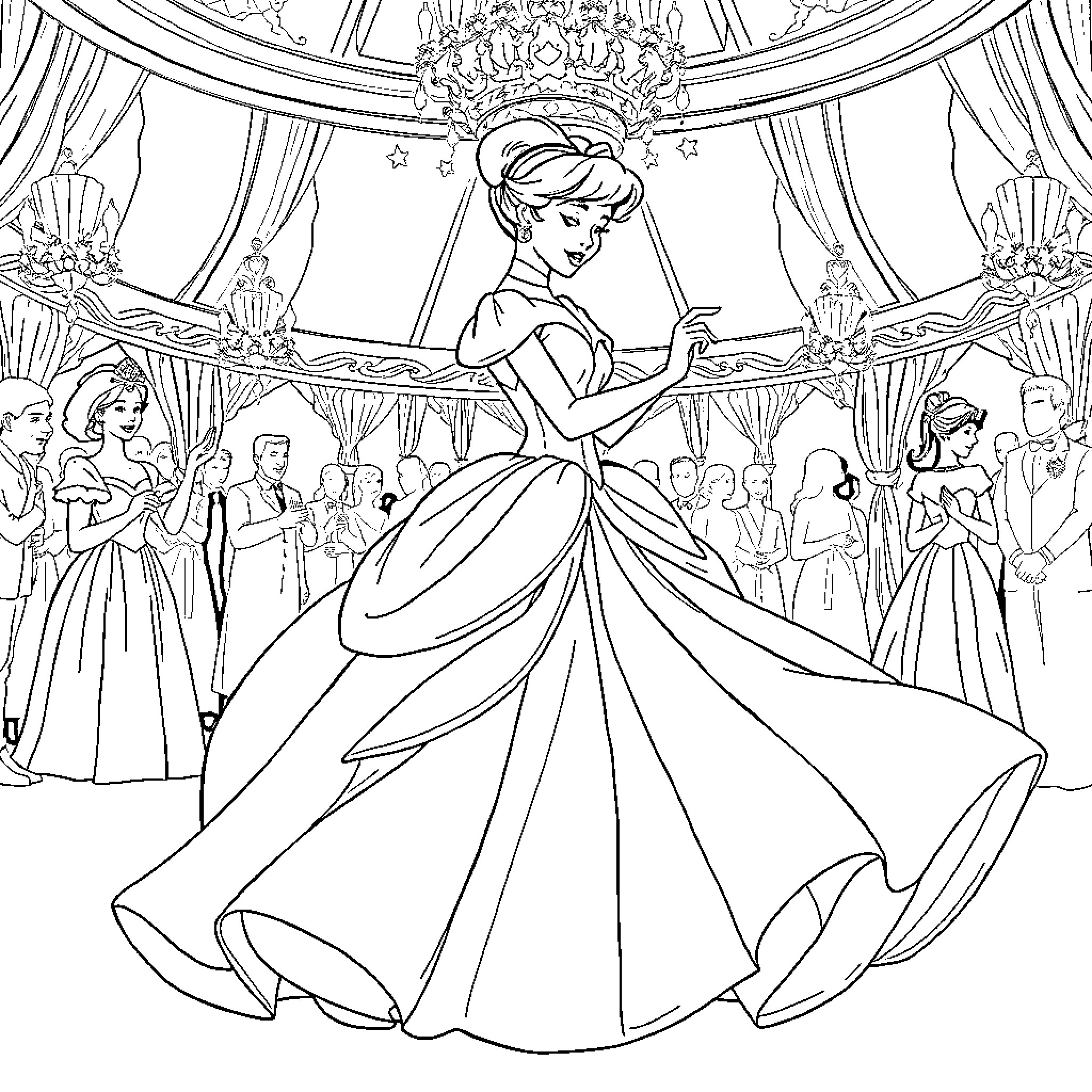 Cinderella's Elegant Ballroom Dance Coloring Page (free black-and-white line drawing printable PDF for all, from beginners to advanced learners, including children, teens, adults, and seniors)