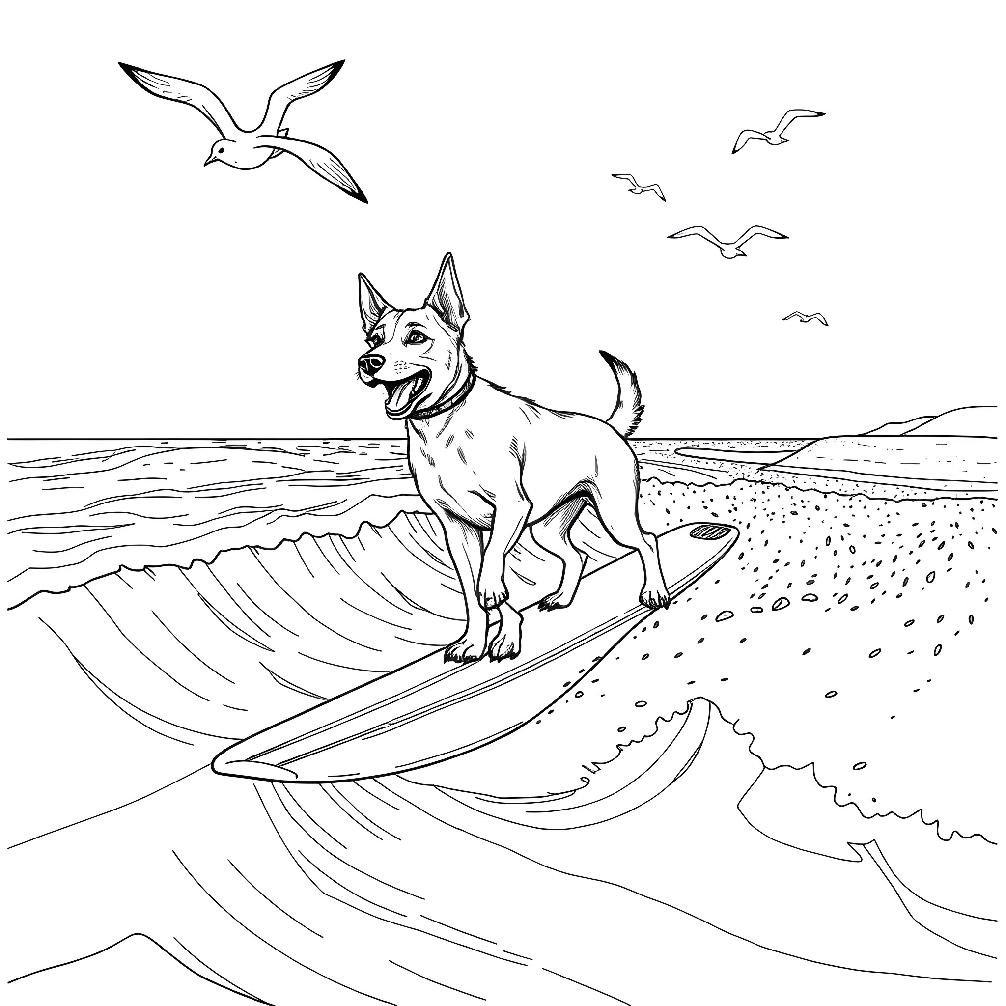 Dog surfing on ocean waves with seagulls Coloring Page (free black-and-white line drawing printable PDF for all, from beginners to advanced learners, including children, teens, adults, and seniors)