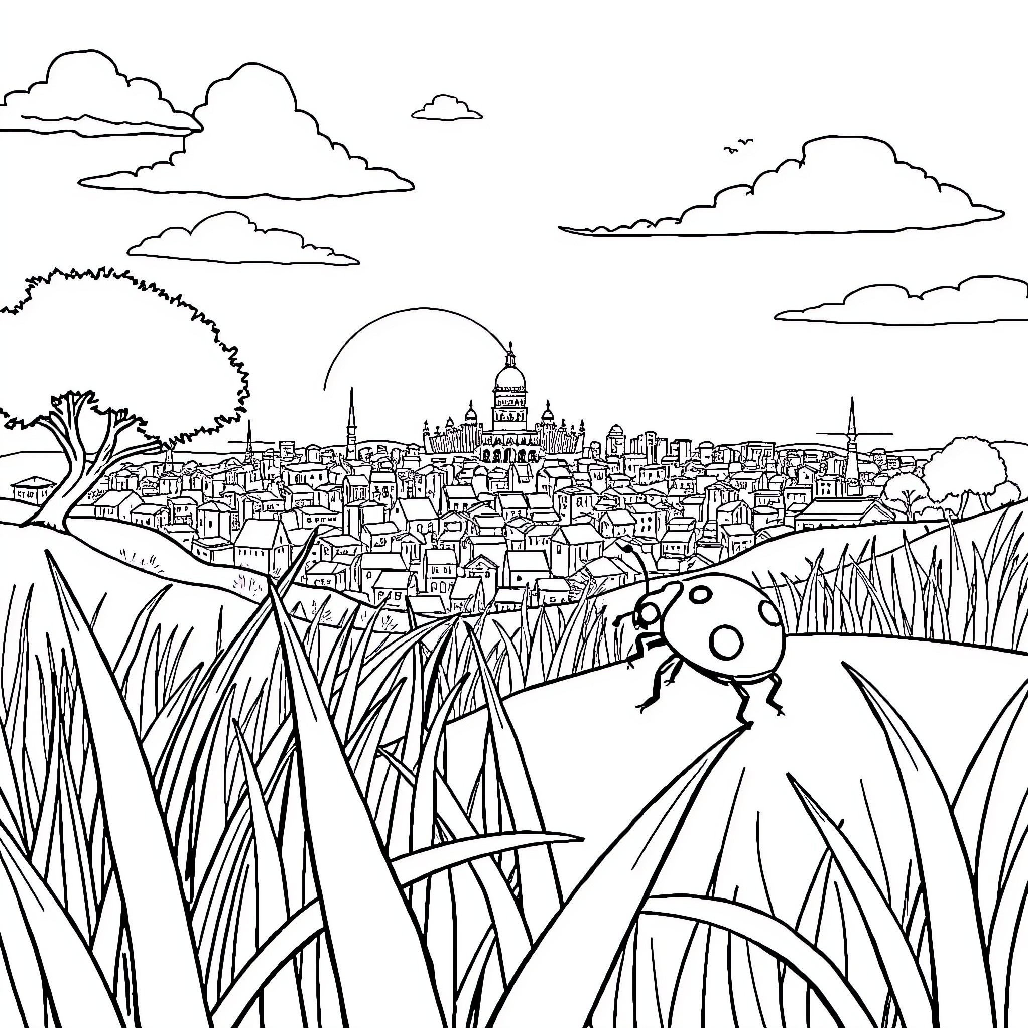 Ladybug exploring the city skyline Coloring Page (free black-and-white line drawing printable PDF for all, from beginners to advanced learners, including children, teens, adults, and seniors)