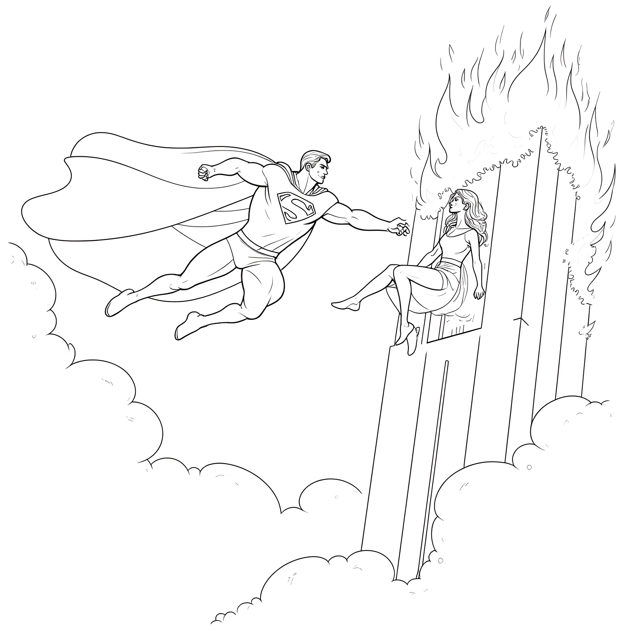 Superman rescues woman from burning building Coloring Page (free black-and-white line drawing printable PDF for all, from beginners to advanced learners, including children, teens, adults, and seniors)