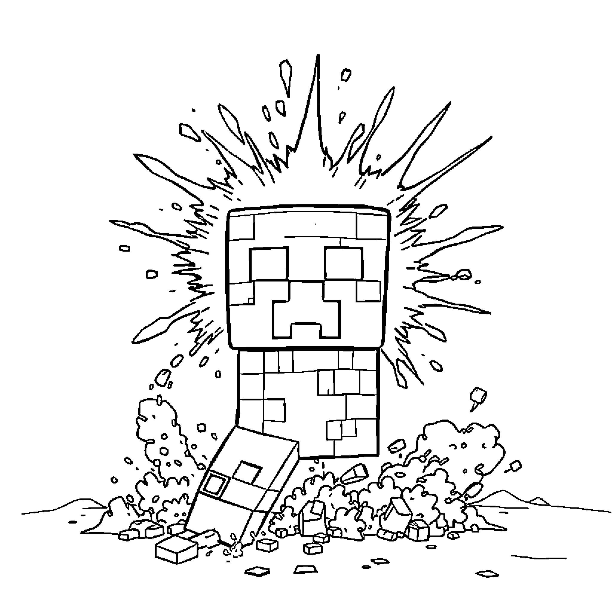 Creeper exploding in the wilderness Coloring Page (free black-and-white line drawing printable PDF for all, from beginners to advanced learners, including children, teens, adults, and seniors)