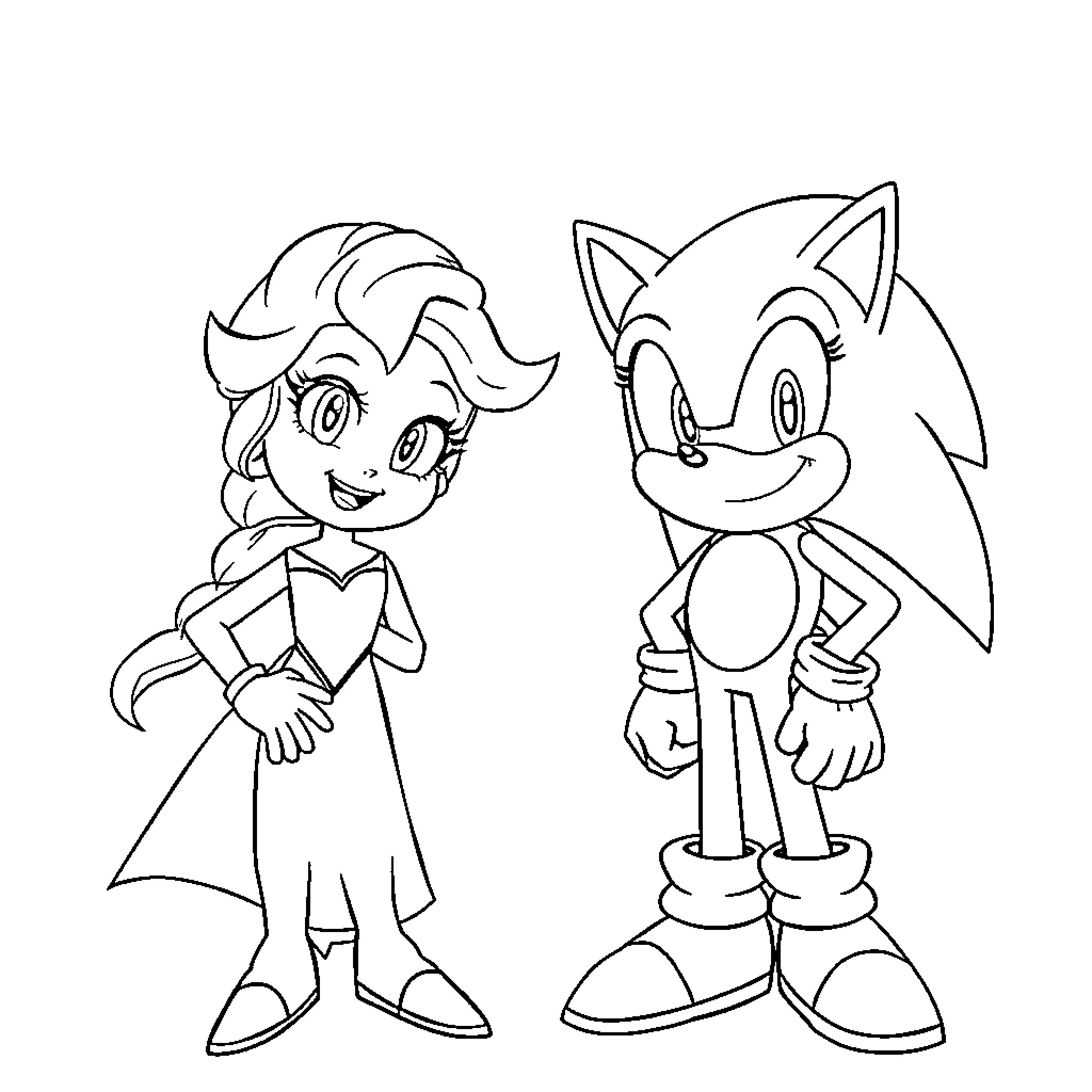 Elsa and Sonic in Cartoon Adventure Coloring Page (free black-and-white line drawing printable PDF for all, from beginners to advanced learners, including children, teens, adults, and seniors)