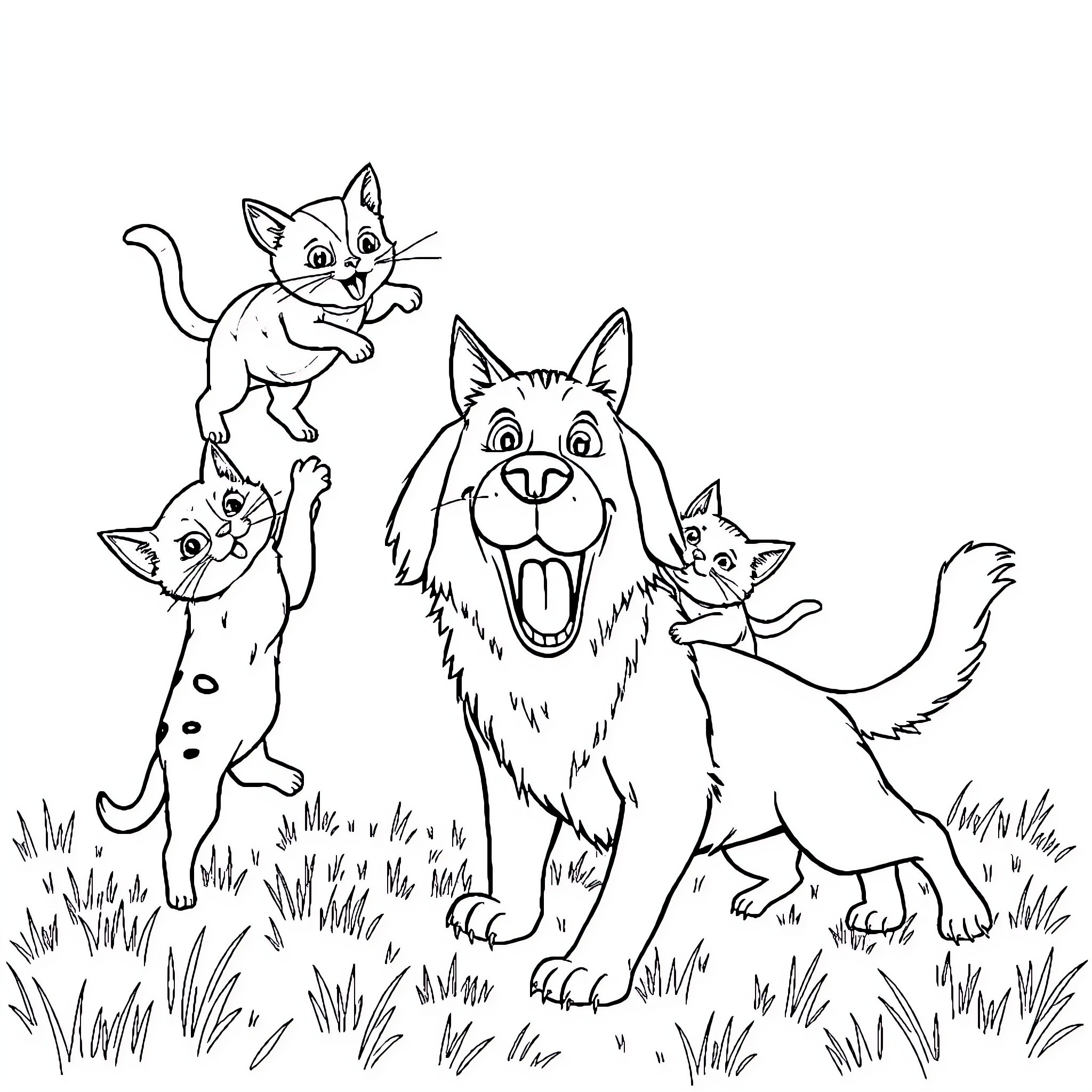 Cat Family Frolicking in the Meadow Coloring Page (free black-and-white line drawing printable PDF for all, from beginners to advanced learners, including children, teens, adults, and seniors)