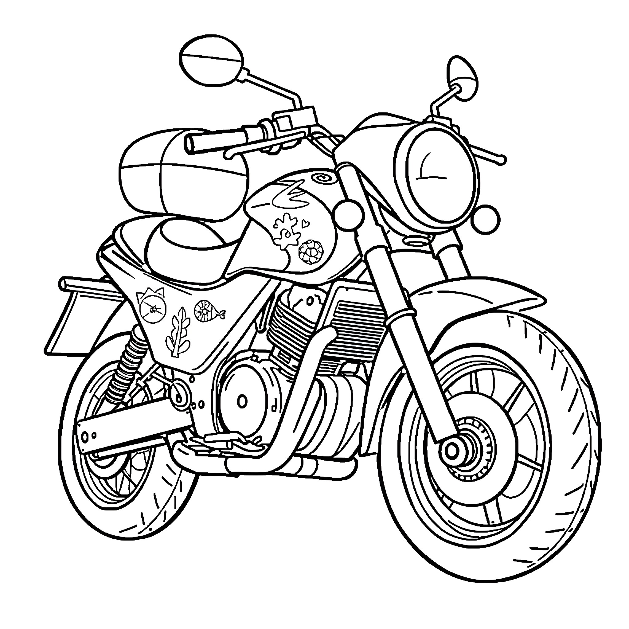 Motorcycle with stylized decorations Coloring Page (free black-and-white line drawing printable PDF for all, from beginners to advanced learners, including children, teens, adults, and seniors)