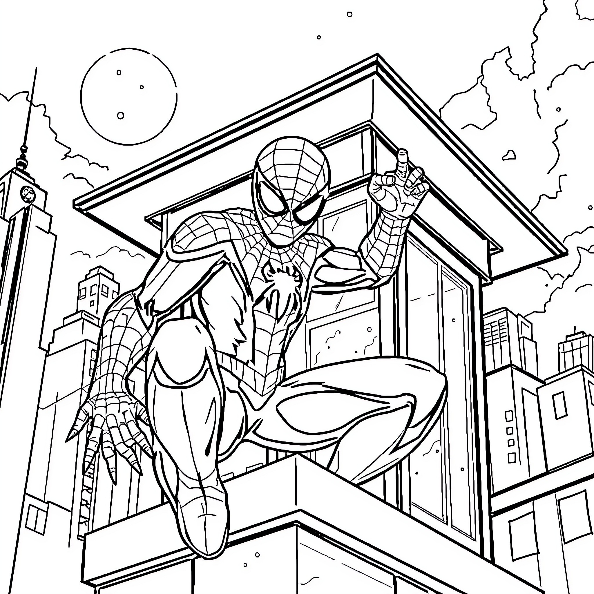 Spiderman Swinging in the City Skyline Coloring Page (free black-and-white line drawing printable PDF for all, from beginners to advanced learners, including children, teens, adults, and seniors)