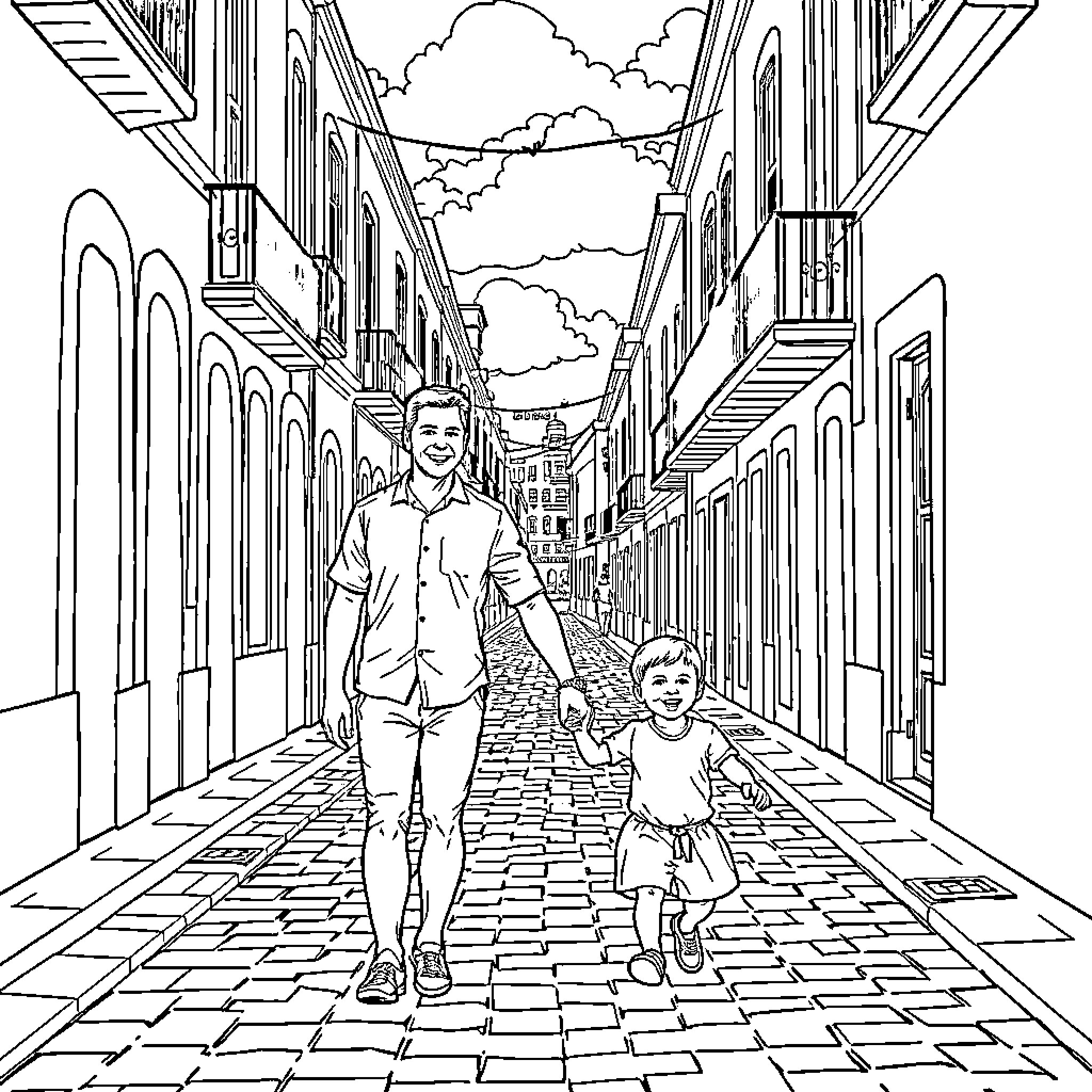 Couple strolling down a historic city street Coloring Page (free black-and-white line drawing printable PDF for all, from beginners to advanced learners, including children, teens, adults, and seniors)