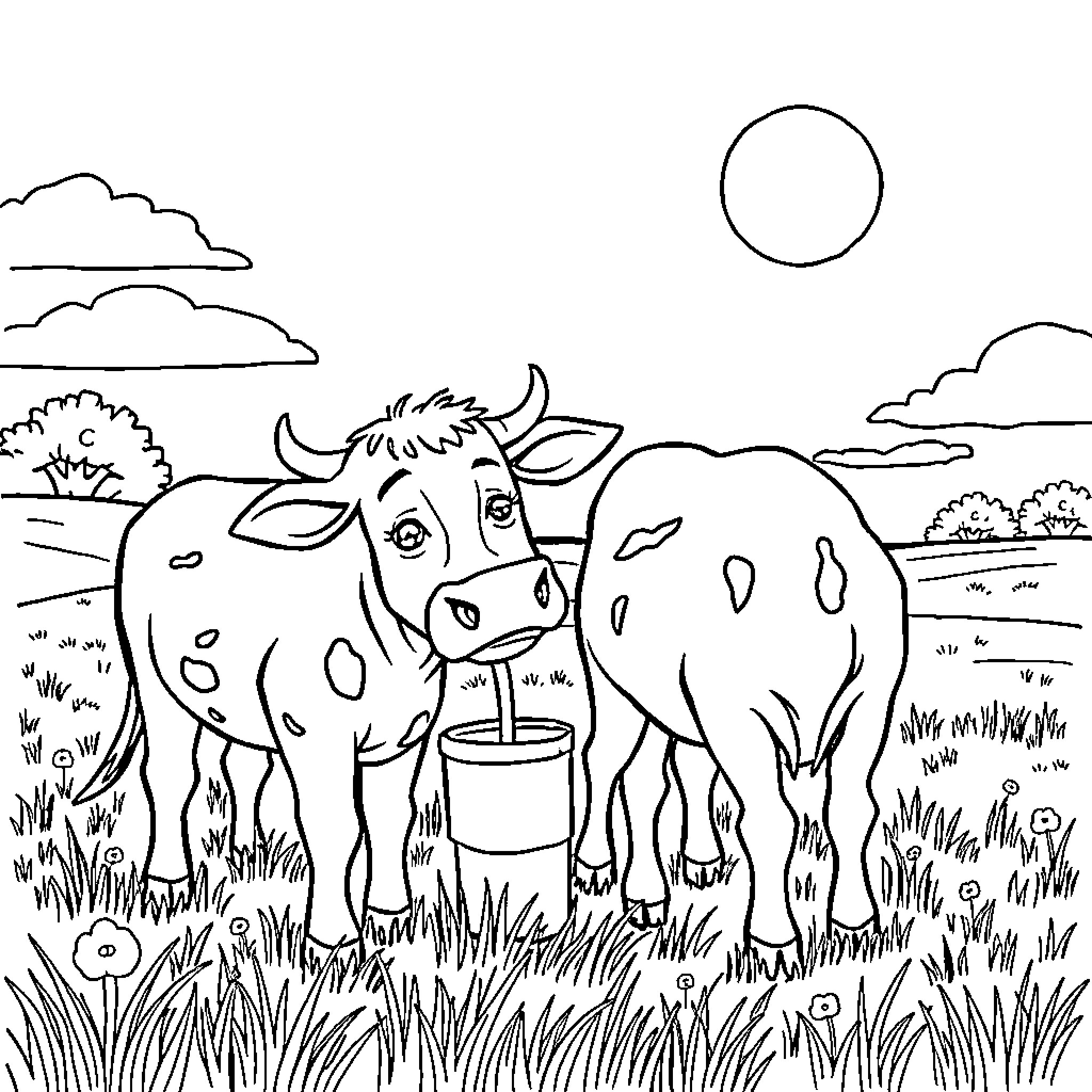 Cow drinking from bucket in pastoral landscape Coloring Page (free black-and-white line drawing printable PDF for all, from beginners to advanced learners, including children, teens, adults, and seniors)