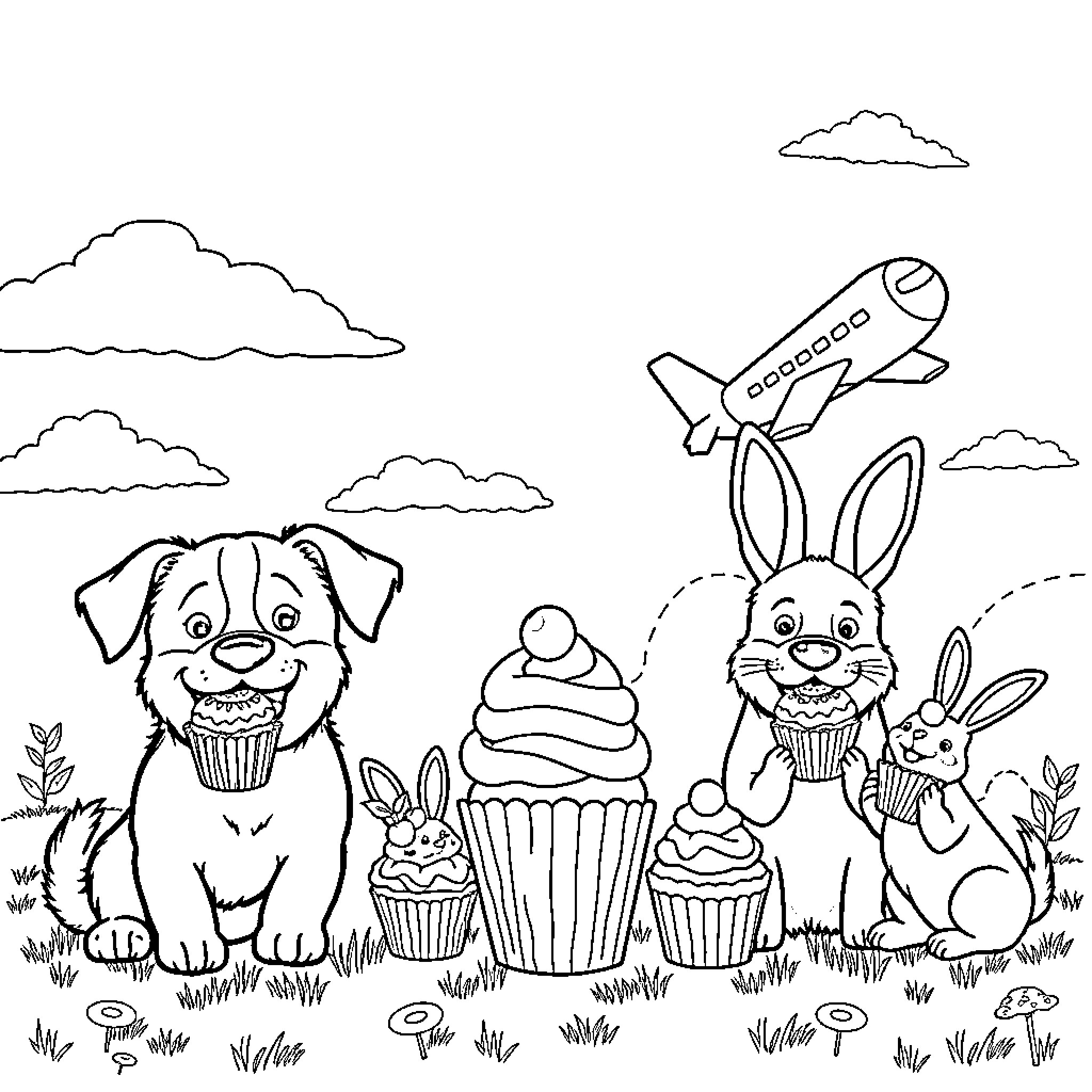 Dog and Bunnies Enjoying Cupcakes in the Park Coloring Page (free black-and-white line drawing printable PDF for all, from beginners to advanced learners, including children, teens, adults, and seniors)