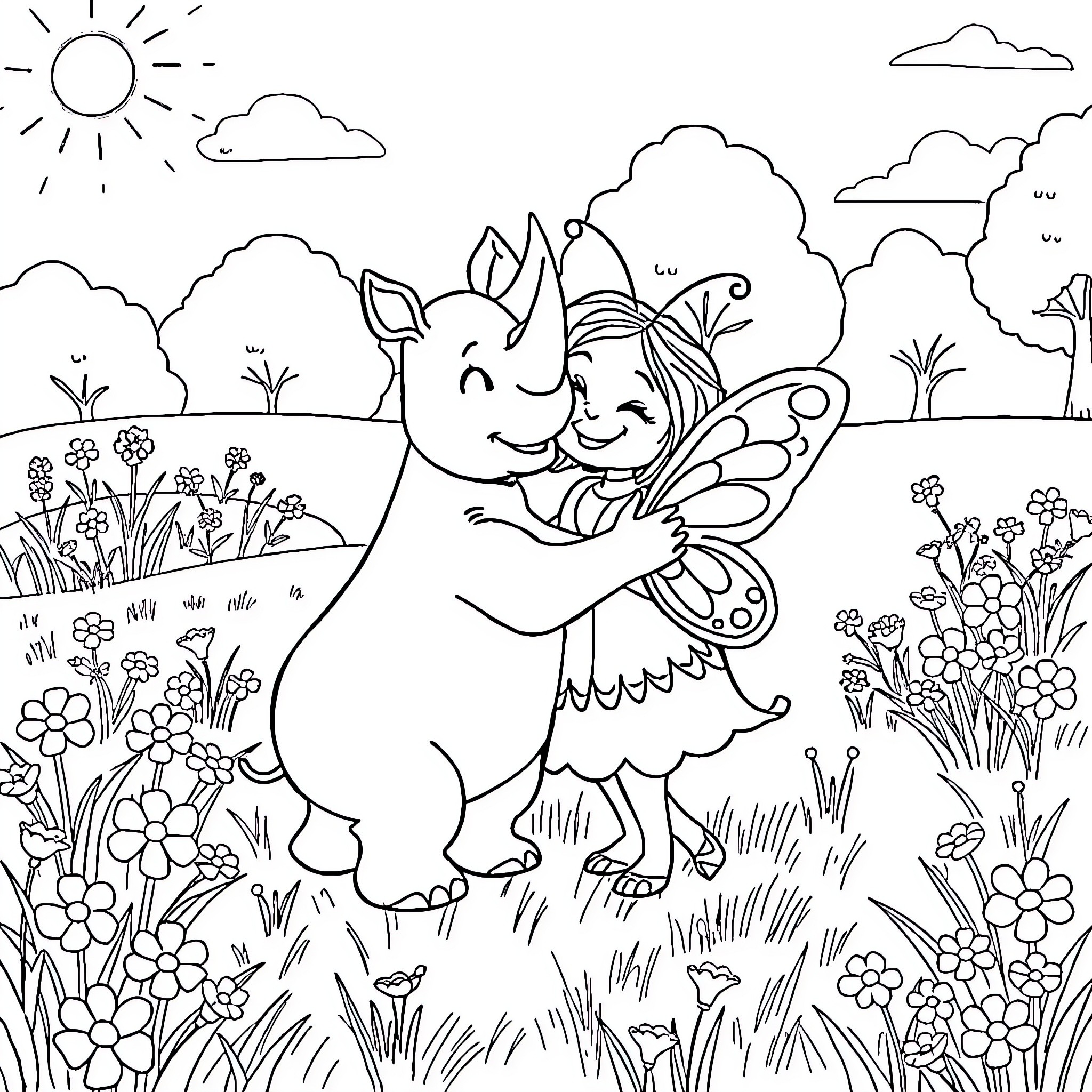 Butterfly Hugs and Friendship in the Meadow Coloring Page (free black-and-white line drawing printable PDF for all, from beginners to advanced learners, including children, teens, adults, and seniors)
