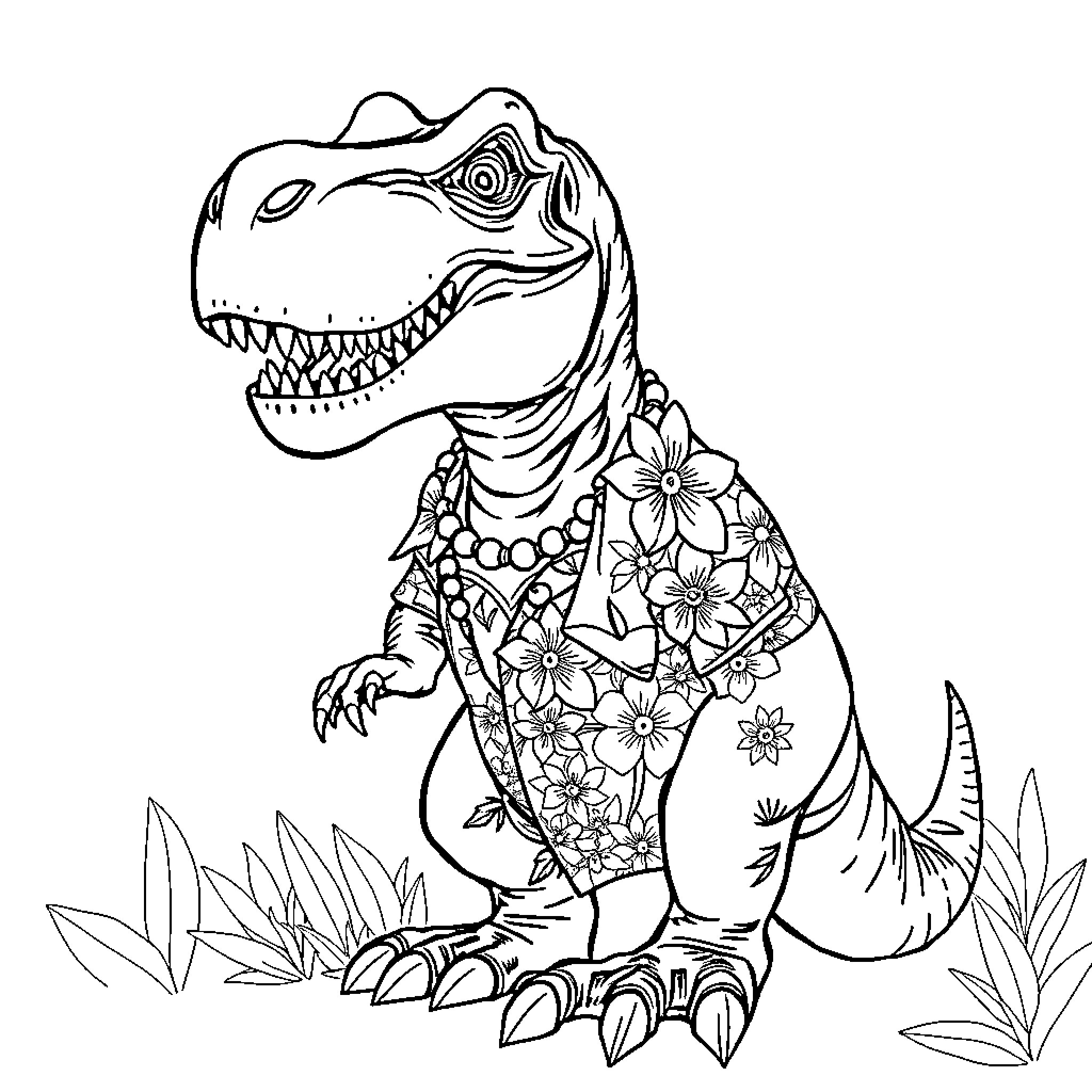 T-Rex Embracing Flowers in the Wild Coloring Page (free black-and-white line drawing printable PDF for all, from beginners to advanced learners, including children, teens, adults, and seniors)