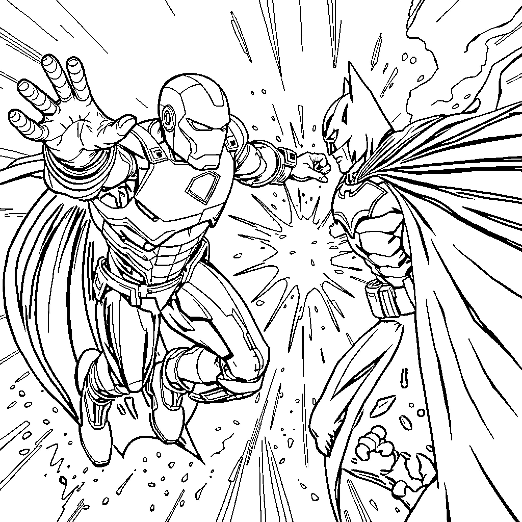 Iron Man in Epic Battle with Mysterious Foe Coloring Page (free black-and-white line drawing printable PDF for all, from beginners to advanced learners, including children, teens, adults, and seniors)