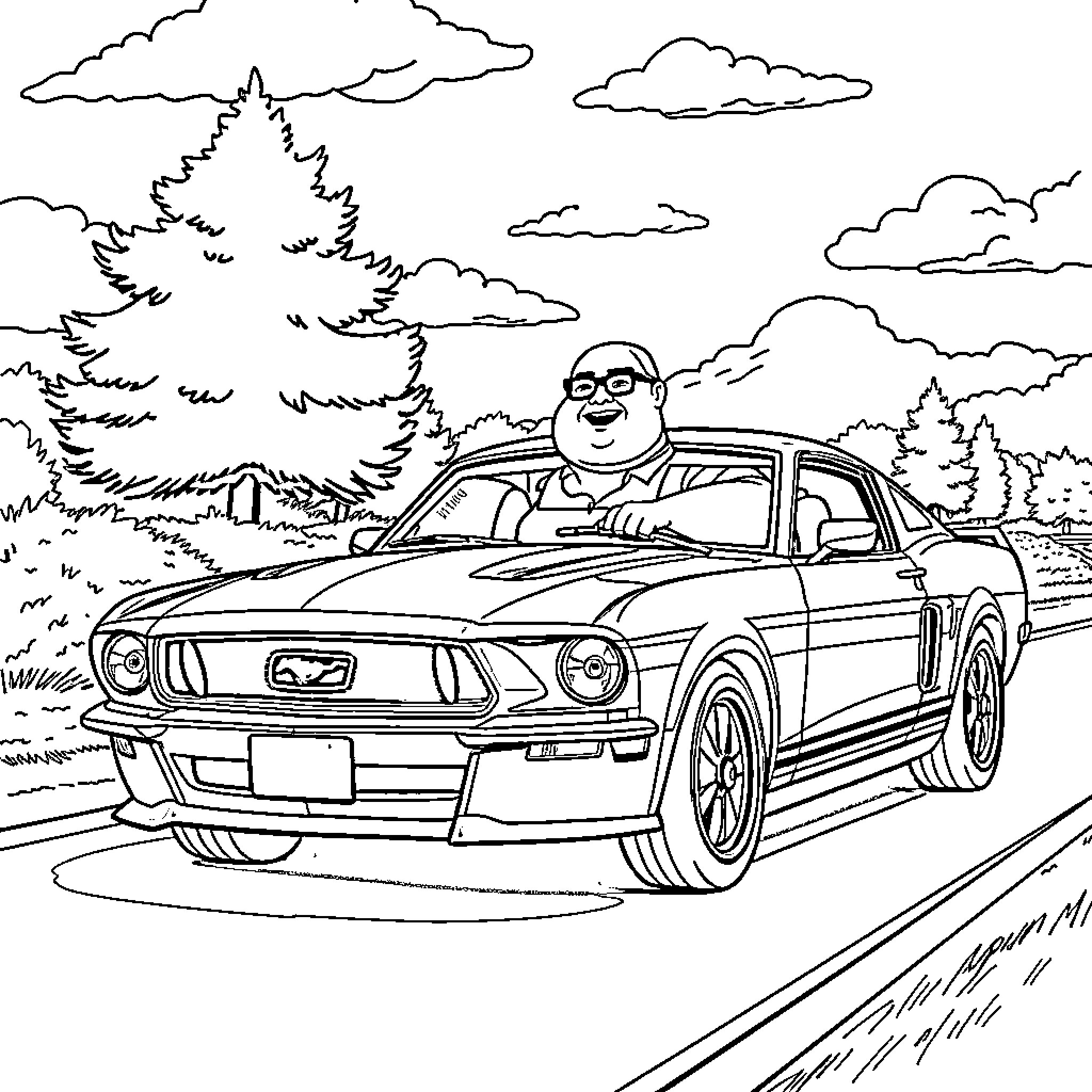 Man driving classic sports car through scenic forest Coloring Page (free black-and-white line drawing printable PDF for all, from beginners to advanced learners, including children, teens, adults, and seniors)