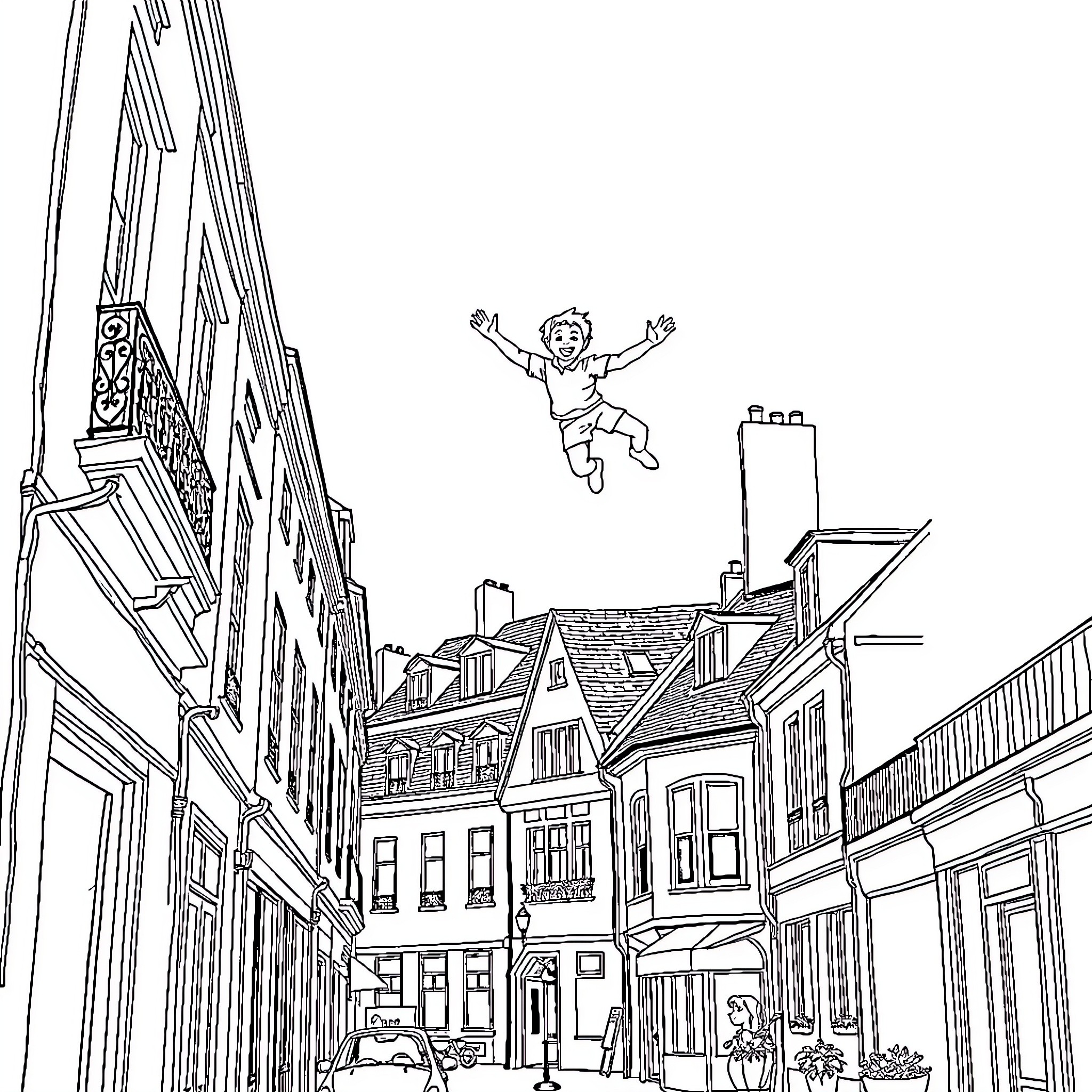 Garçon leaping above the rooftops of the old city Coloring Page (free black-and-white line drawing printable PDF for all, from beginners to advanced learners, including children, teens, adults, and seniors)