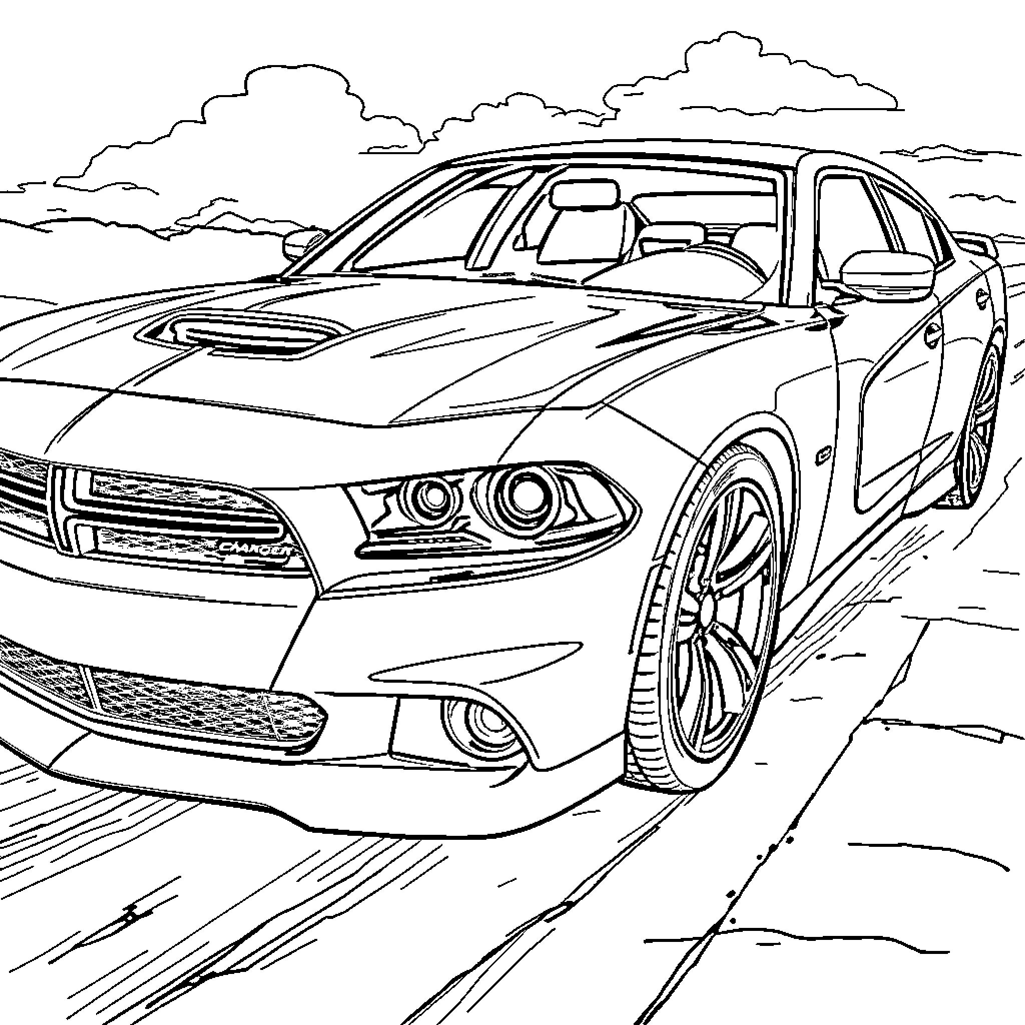 Dodge Charger speeding on the open road Coloring Page (free black-and-white line drawing printable PDF for all, from beginners to advanced learners, including children, teens, adults, and seniors)