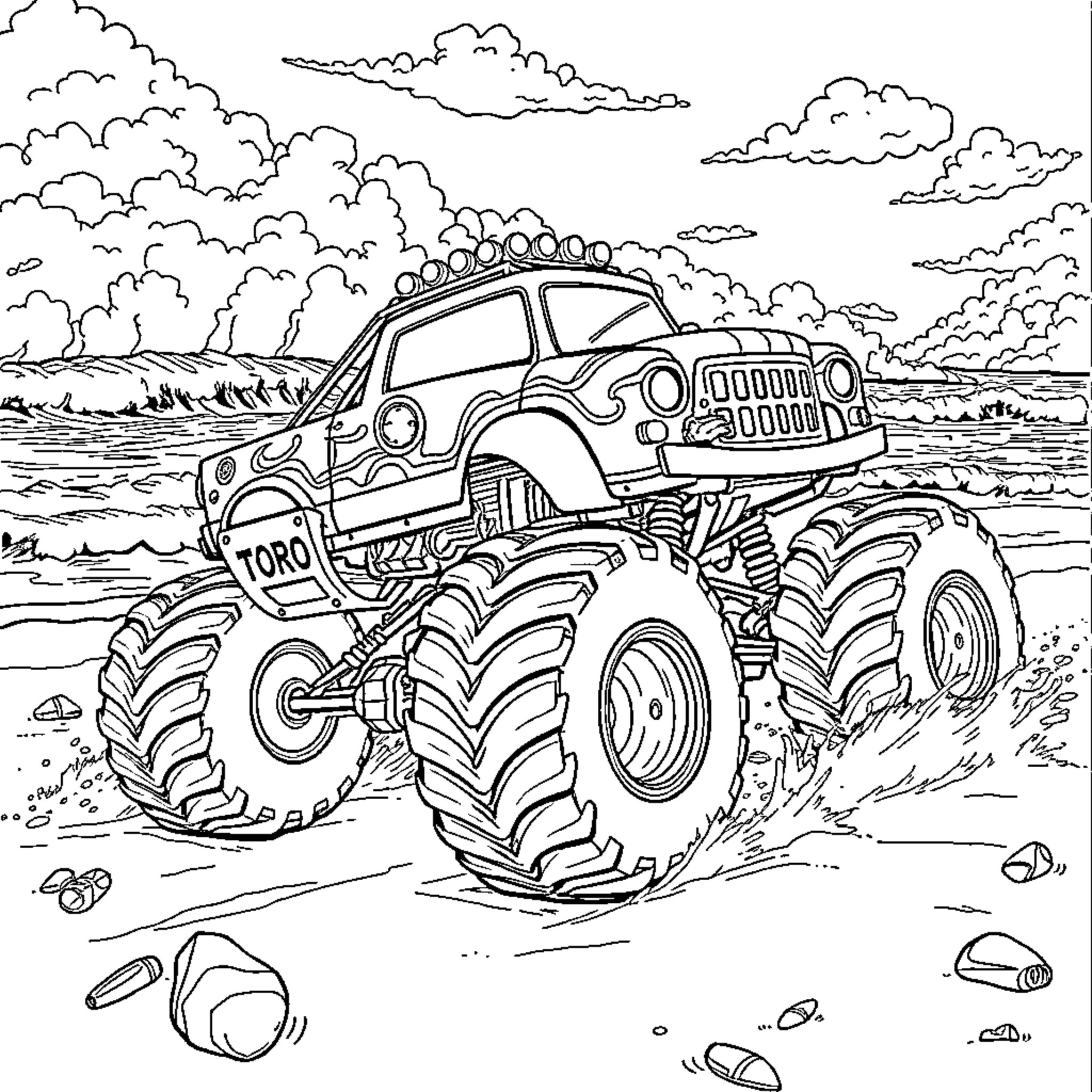 Monster Truck speeding through rugged terrain Coloring Page (free black-and-white line drawing printable PDF for all, from beginners to advanced learners, including children, teens, adults, and seniors)