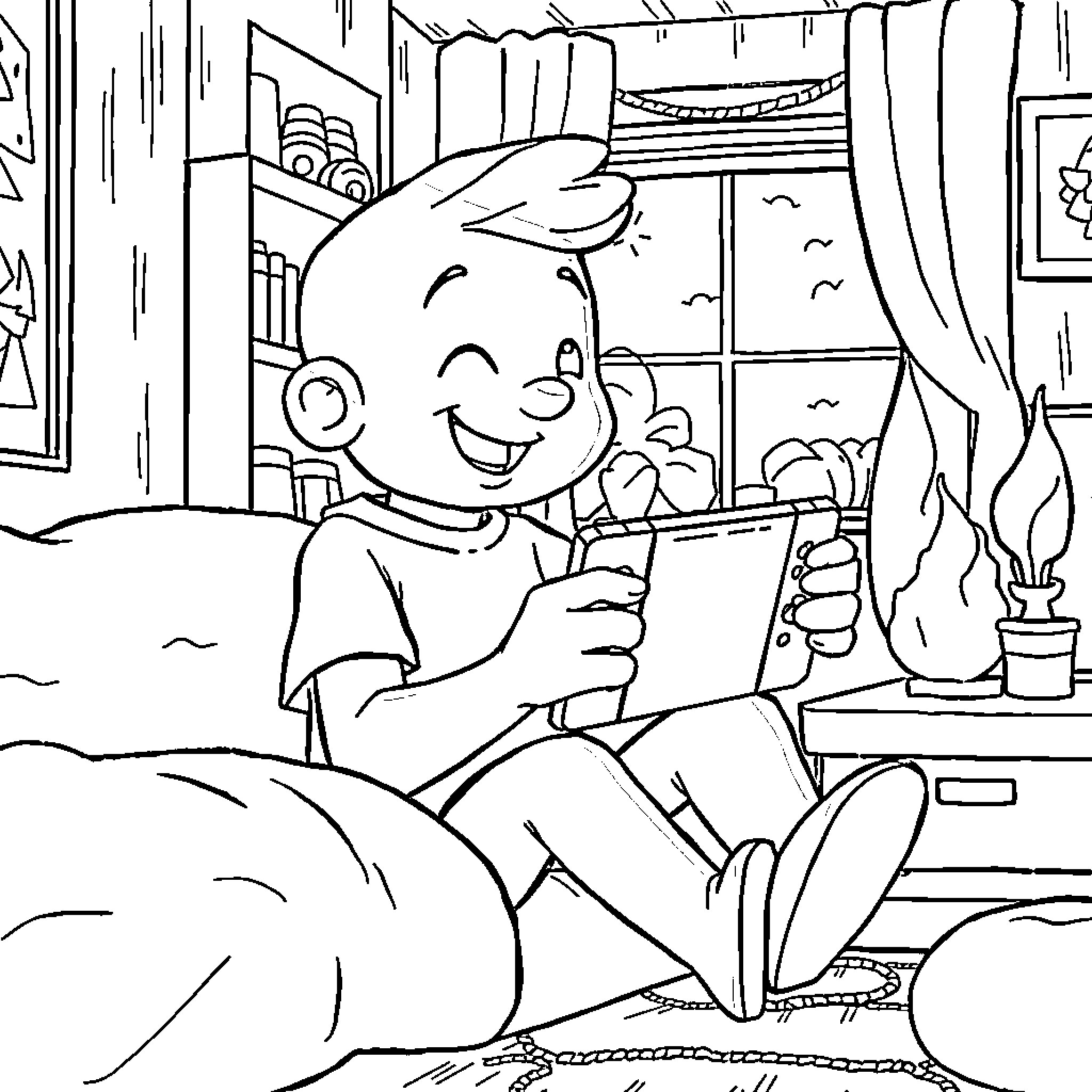 Blue Boy Relaxes with Cozy Hobbies Coloring Page (free black-and-white line drawing printable PDF for all, from beginners to advanced learners, including children, teens, adults, and seniors)