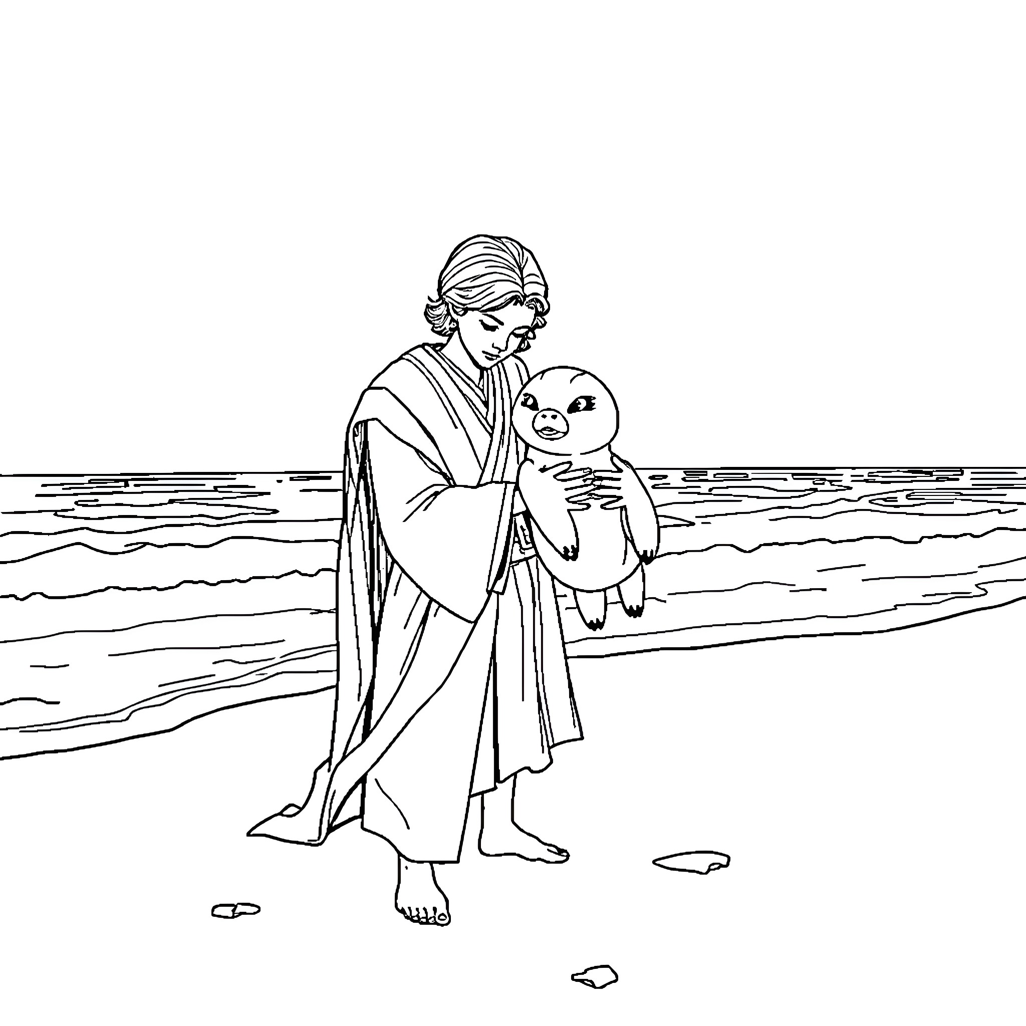 Anakin Skywalker comforts a sleeping child by the ocean Coloring Page (free black-and-white line drawing printable PDF for all, from beginners to advanced learners, including children, teens, adults, and seniors)