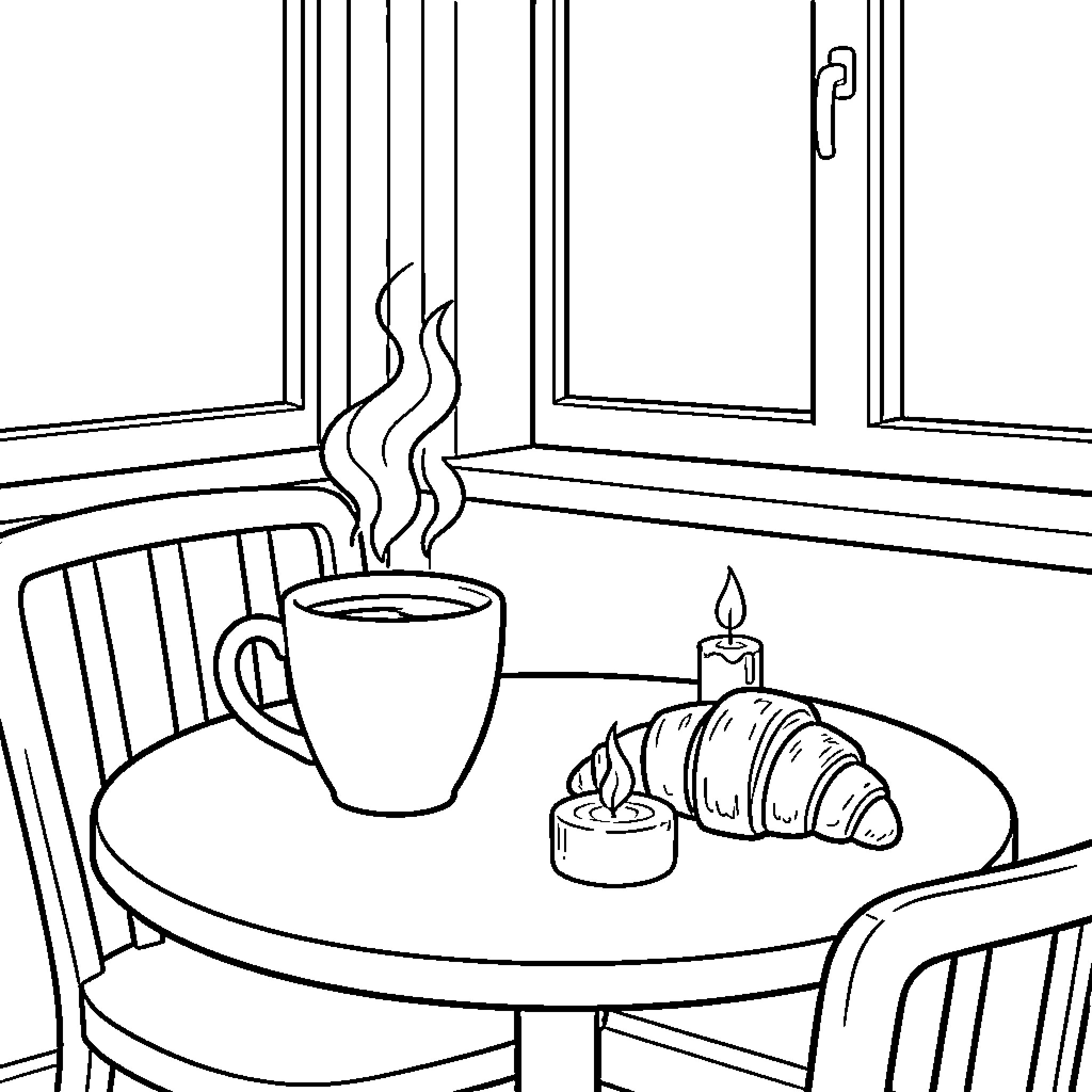 Cafe Cozy Atmosphere with Hot Drink and Pastry Coloring Page (free black-and-white line drawing printable PDF for all, from beginners to advanced learners, including children, teens, adults, and seniors)