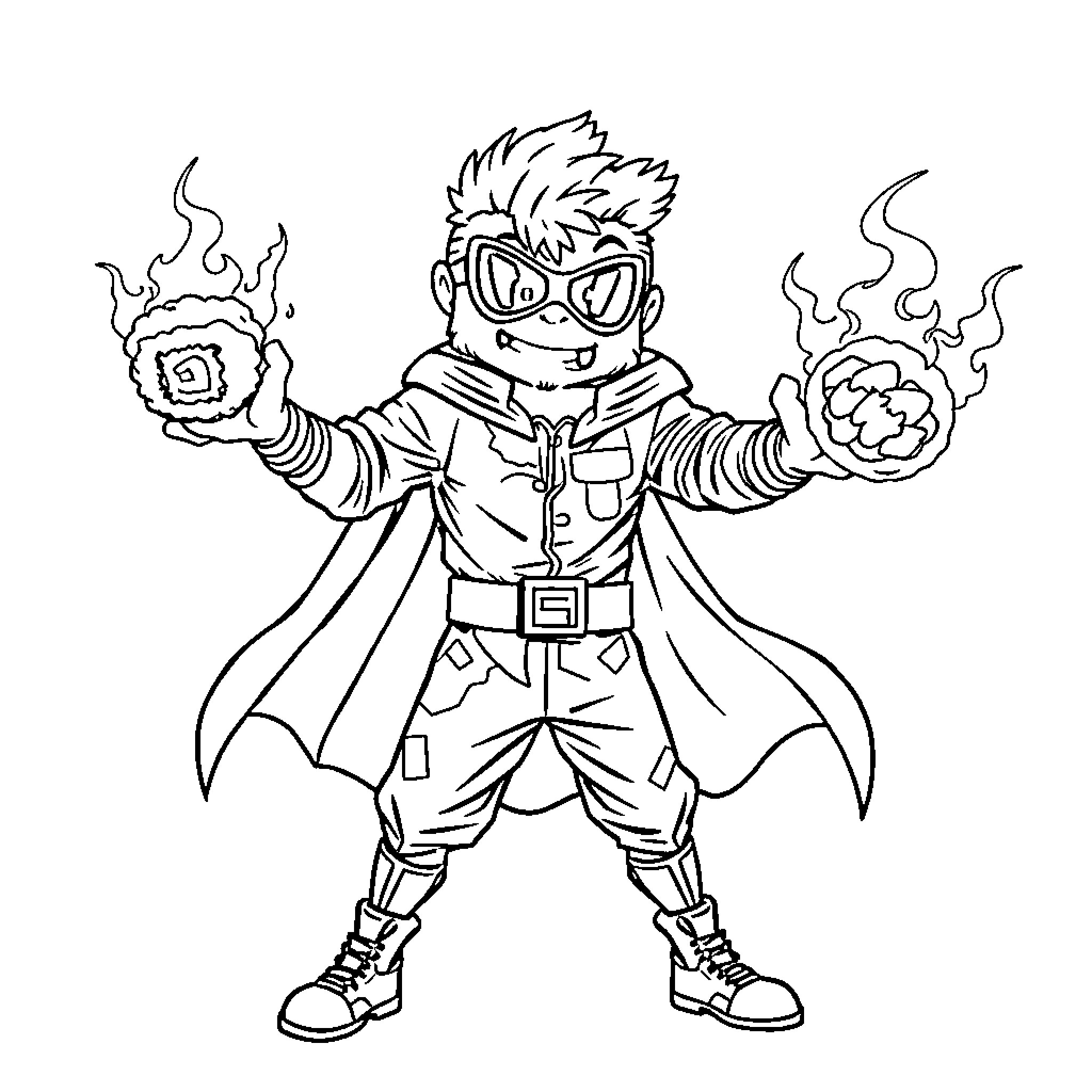 Sushi-Themed Superhero in Action Pose Coloring Page (free black-and-white line drawing printable PDF for all, from beginners to advanced learners, including children, teens, adults, and seniors)