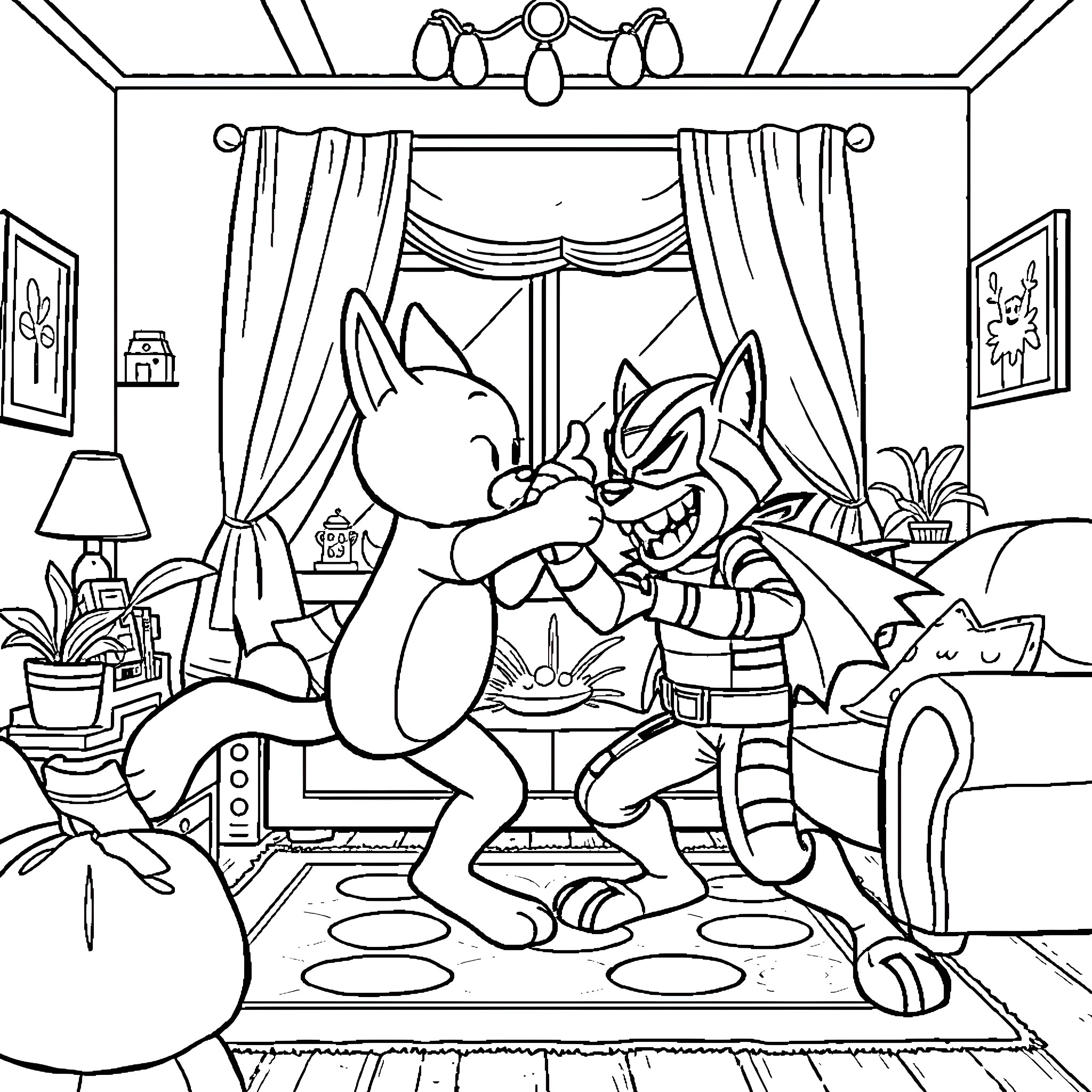 Bluey's Cozy Home Adventure Coloring Page (free black-and-white line drawing printable PDF for all, from beginners to advanced learners, including children, teens, adults, and seniors)