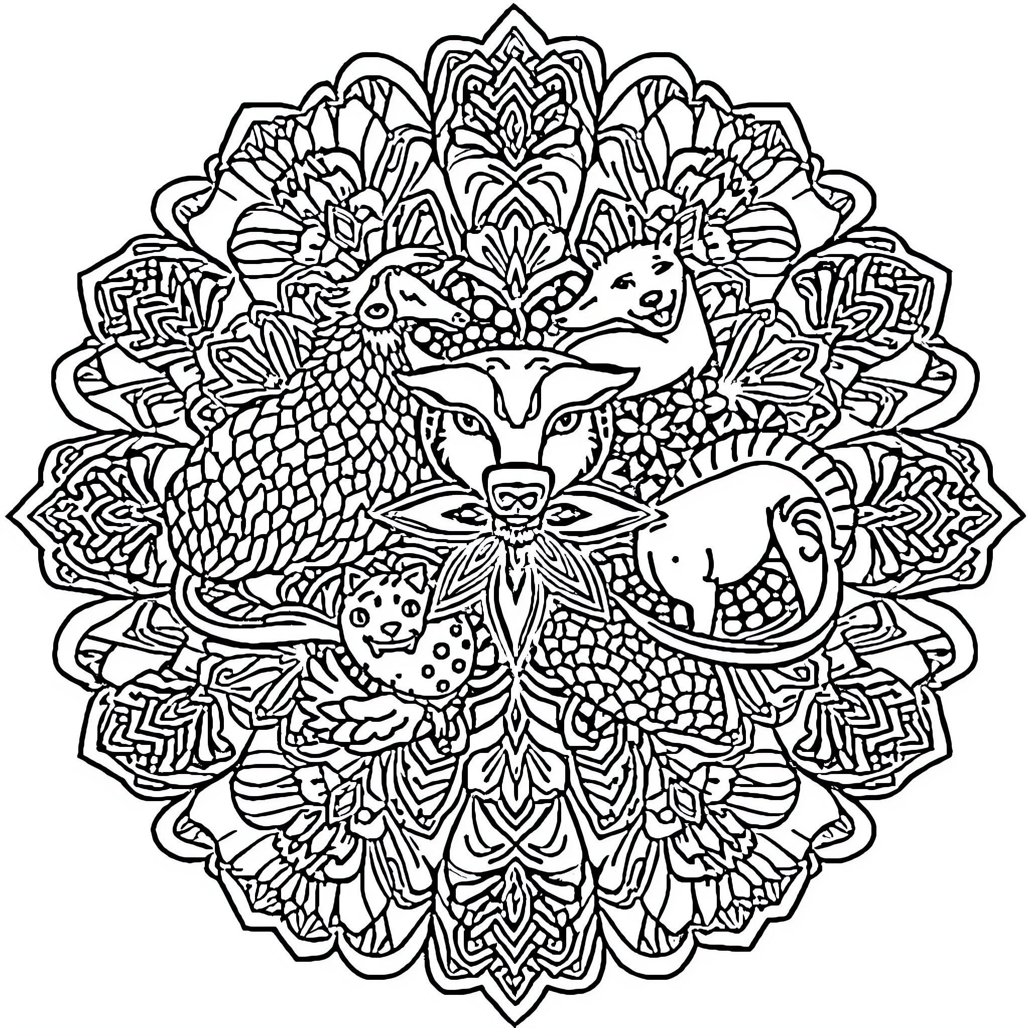 Animal Mandala with Intricate Floral Patterns Coloring Page (free black-and-white line drawing printable PDF for all, from beginners to advanced learners, including children, teens, adults, and seniors)