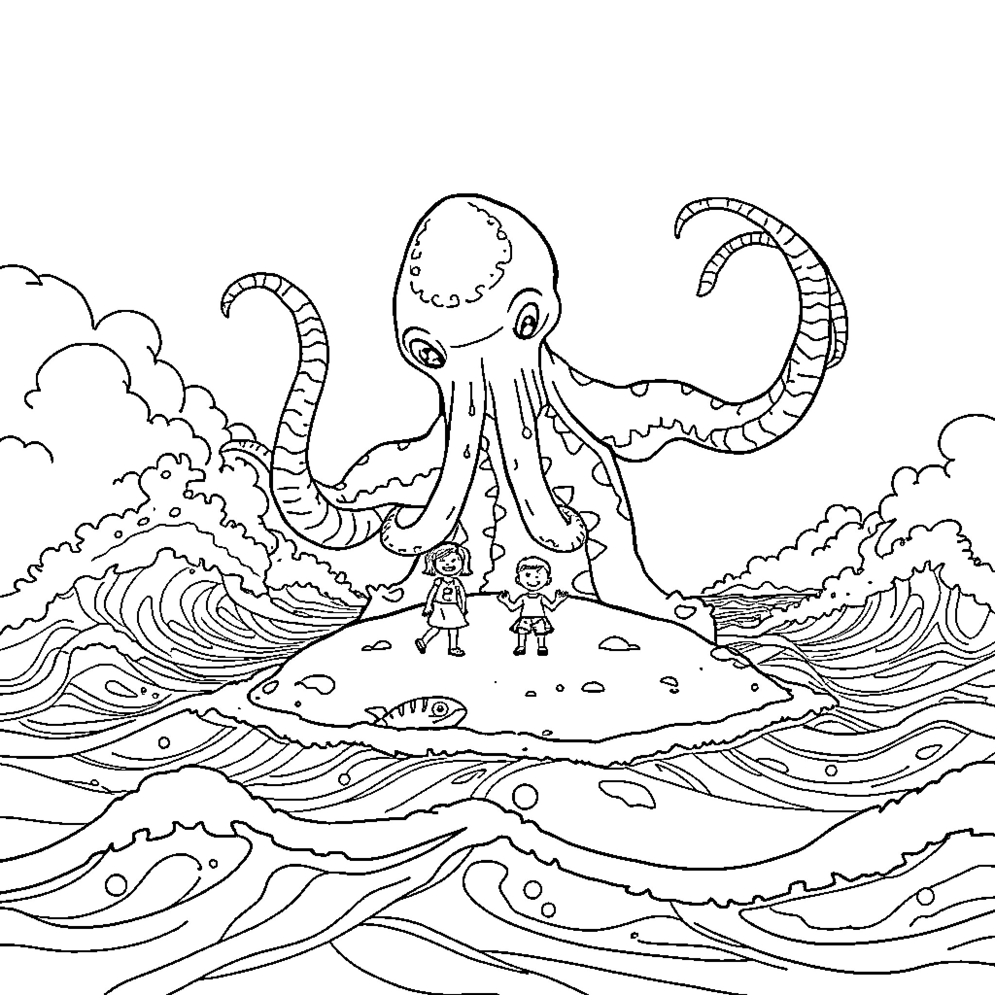 Cthulhu Awakening: Giant Octopus Emerges from Turbulent Seas Coloring Page (free black-and-white line drawing printable PDF for all, from beginners to advanced learners, including children, teens, adults, and seniors)