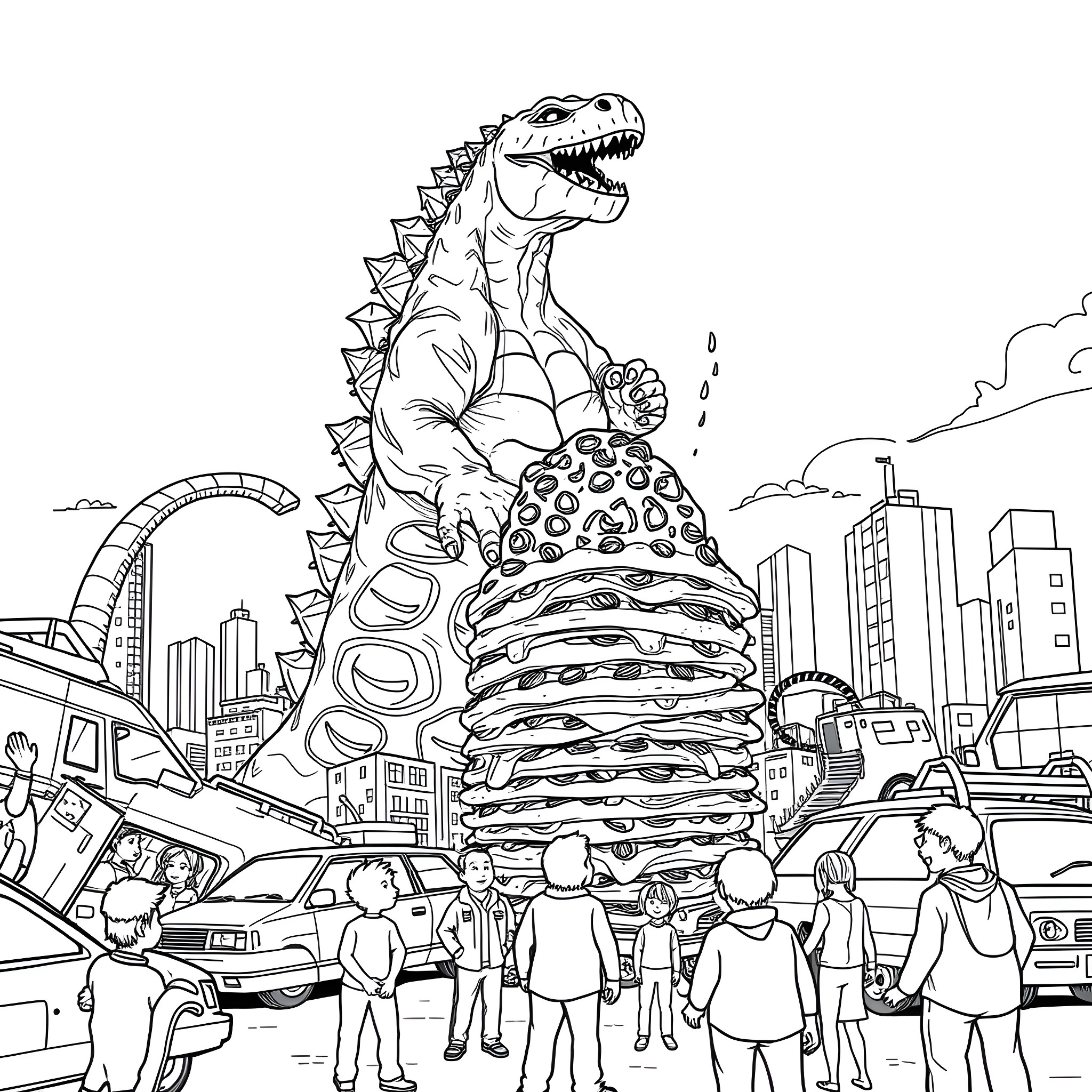 Godzilla stomping on a giant burger in the city Coloring Page (free black-and-white line drawing printable PDF for all, from beginners to advanced learners, including children, teens, adults, and seniors)