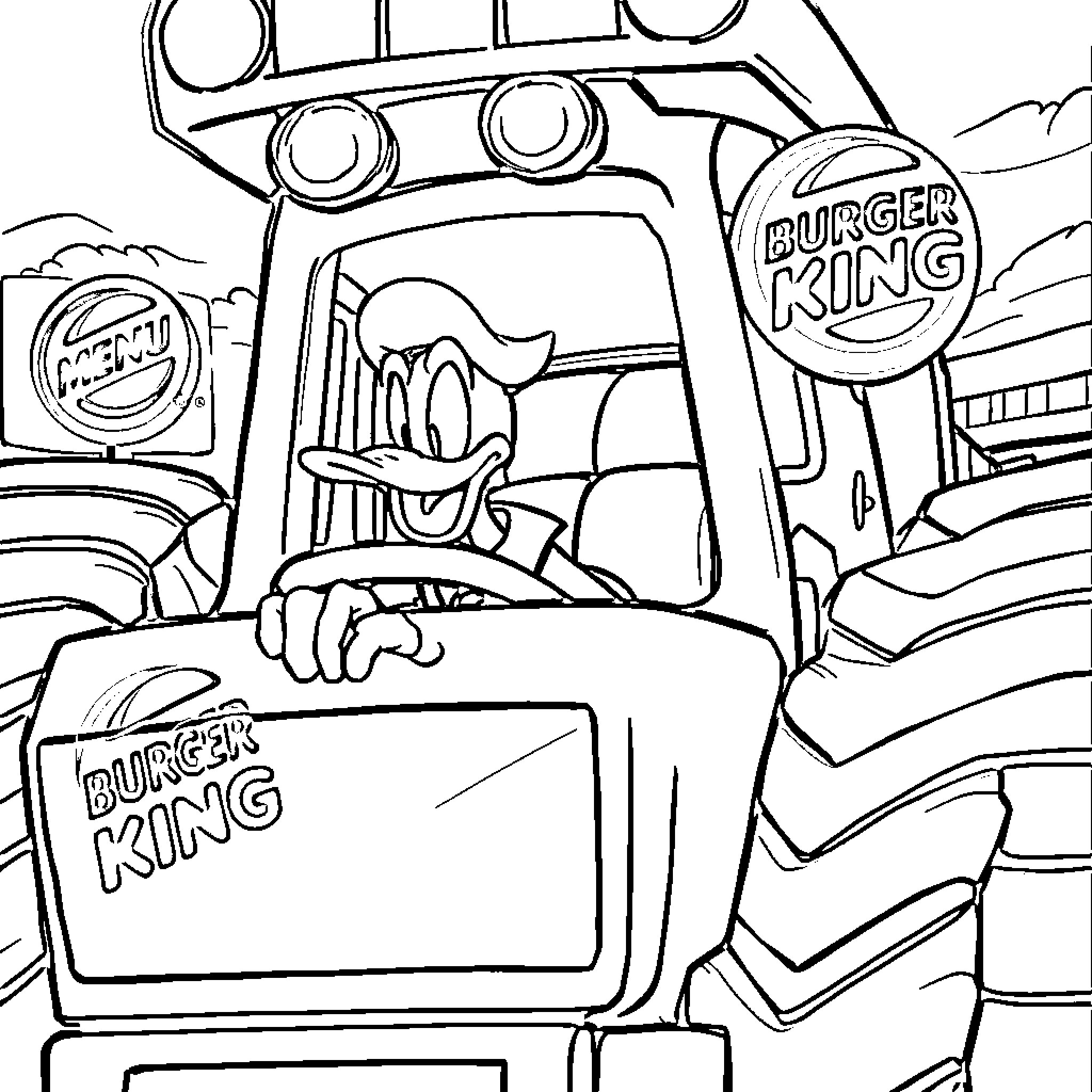 Donald Duck Driving a Burger King-themed Tractor Coloring Page (free black-and-white line drawing printable PDF for all, from beginners to advanced learners, including children, teens, adults, and seniors)
