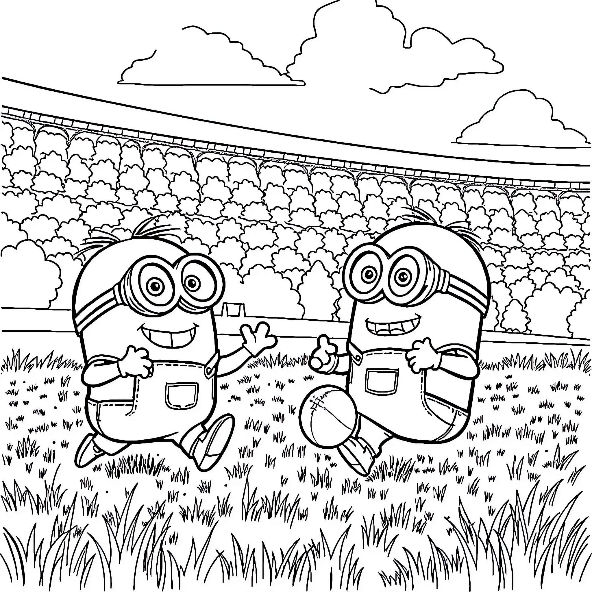 Minions enjoying a playful outing in the park Coloring Page (free black-and-white line drawing printable PDF for all, from beginners to advanced learners, including children, teens, adults, and seniors)