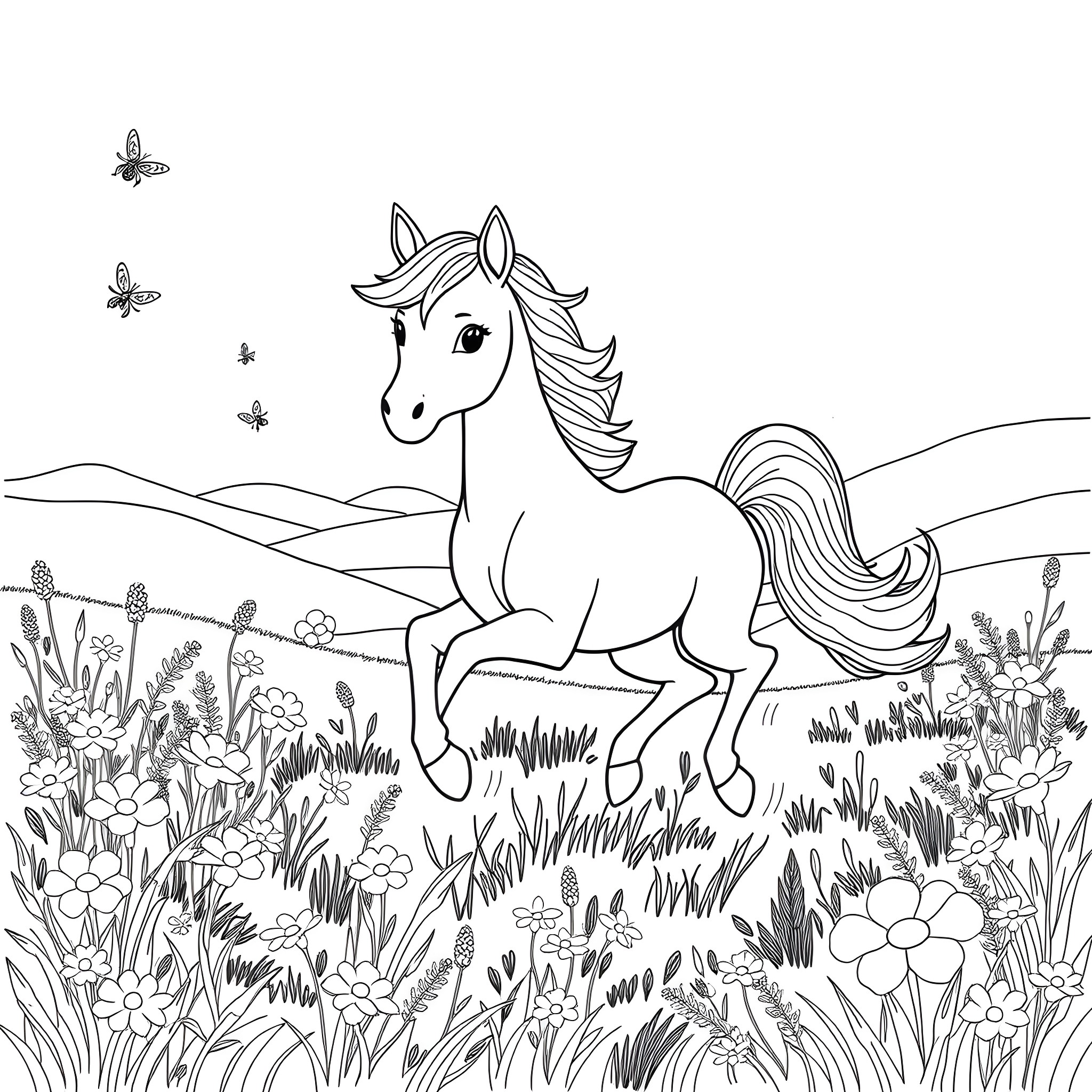 Hirvee the Unicorn Frolicking in the Meadow Coloring Page (free black-and-white line drawing printable PDF for all, from beginners to advanced learners, including children, teens, adults, and seniors)