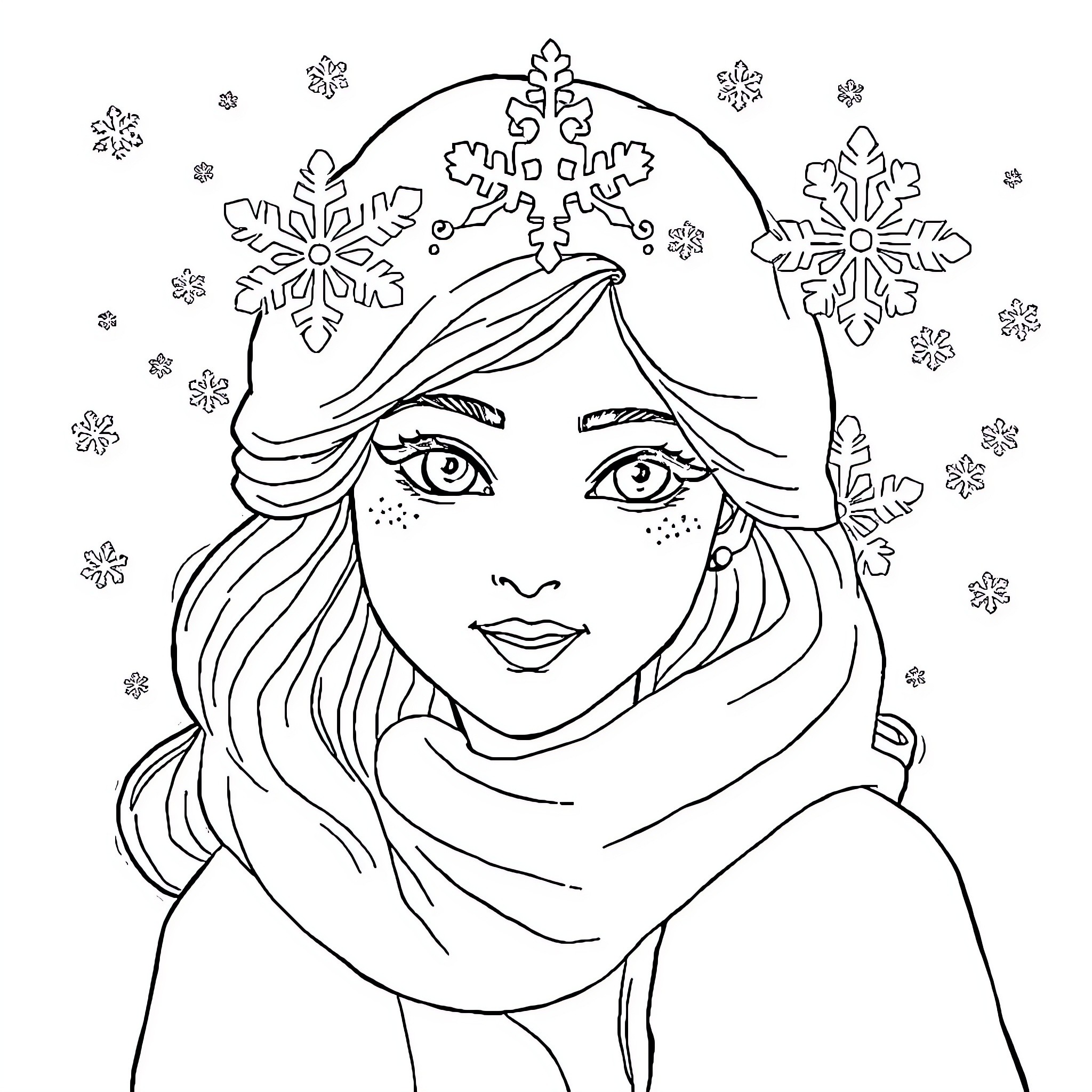Frozen Queen amidst winter wonderland Coloring Page (free black-and-white line drawing printable PDF for all, from beginners to advanced learners, including children, teens, adults, and seniors)